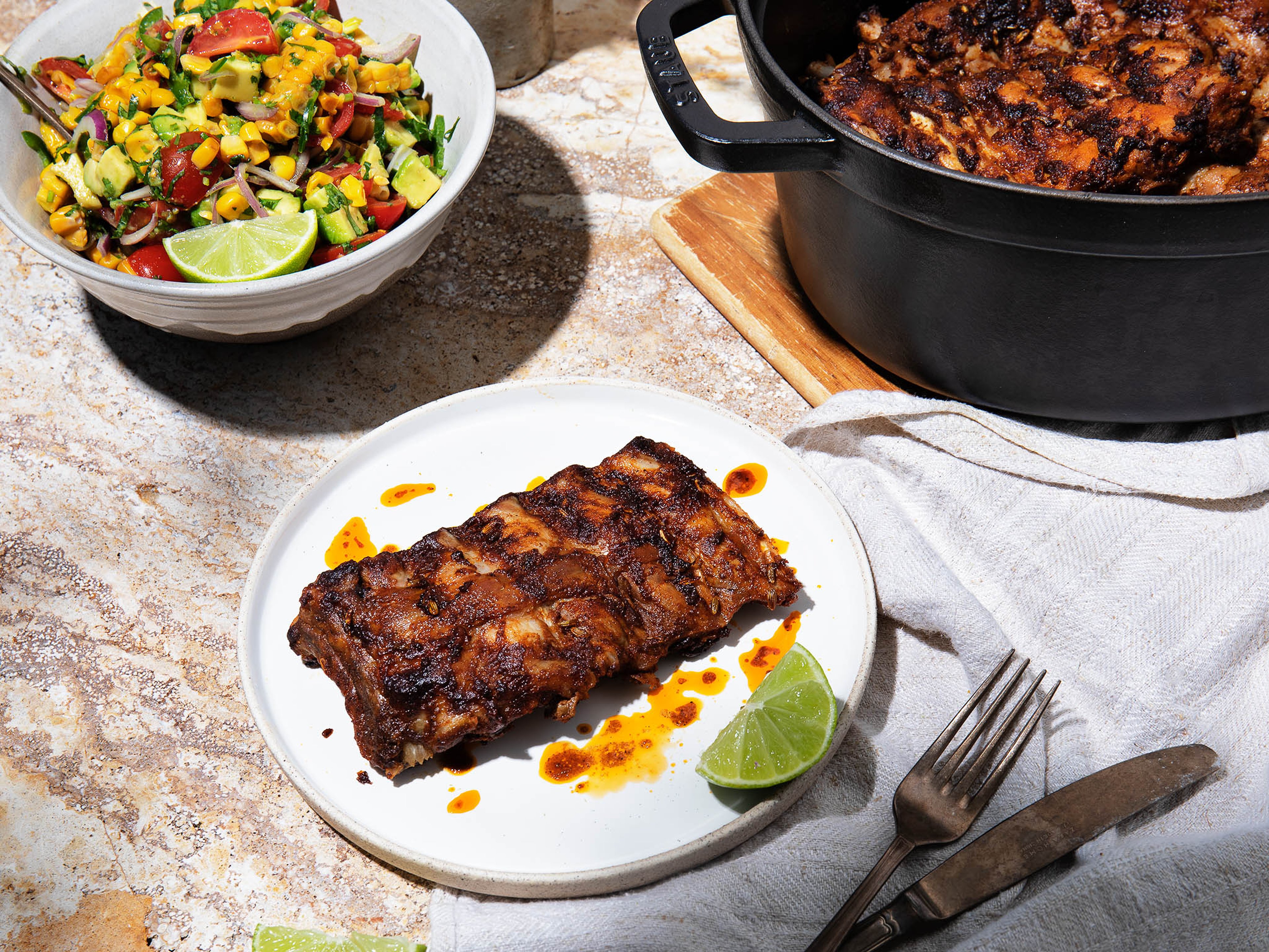 BBQ ribs with charred corn salad