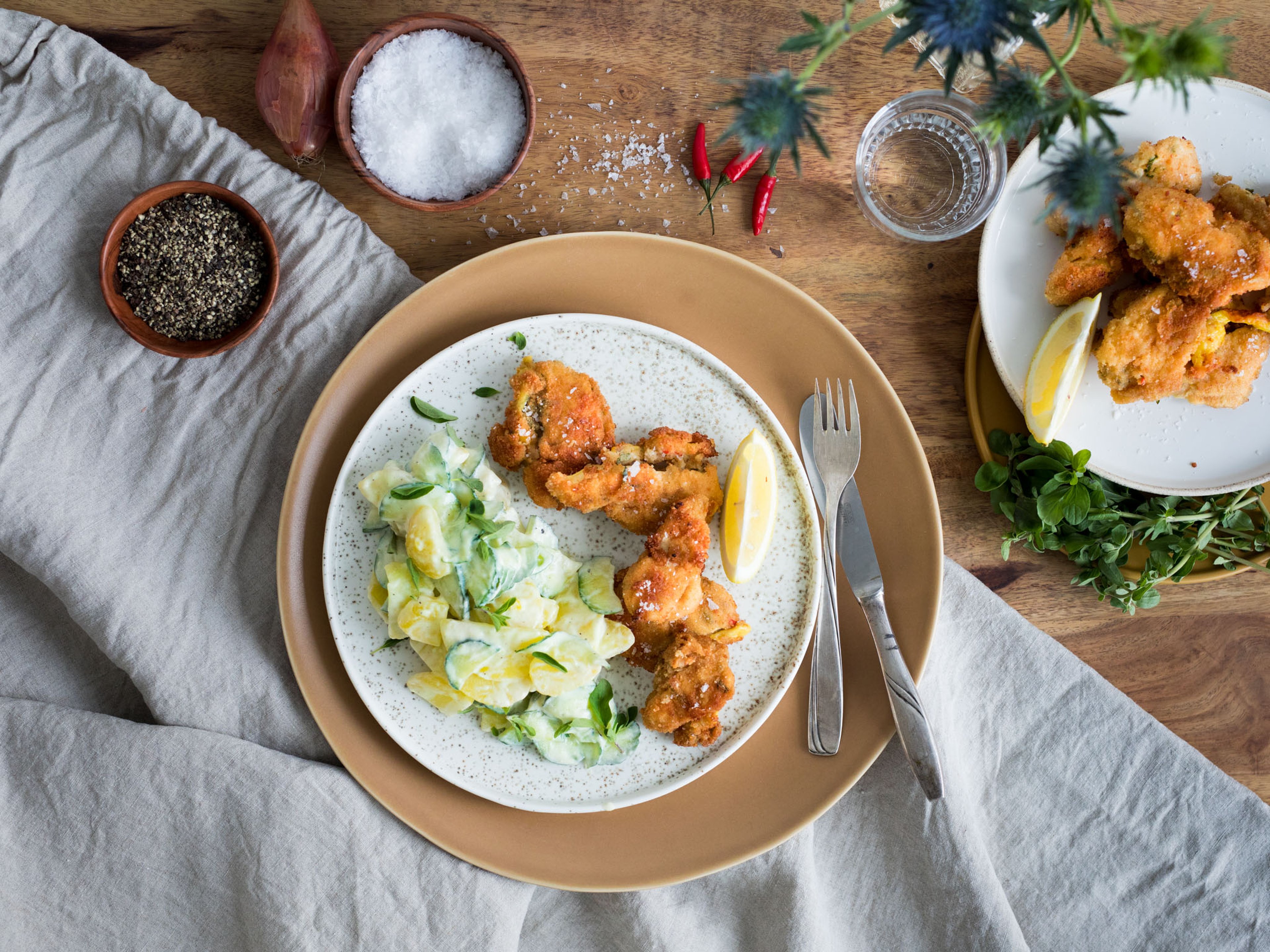 Marinated fried chicken with wasabi potato salad