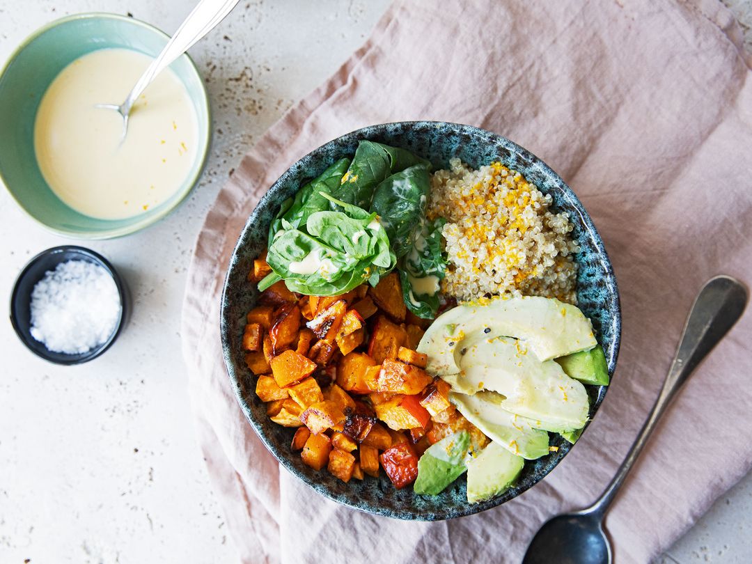 Buddha bowl with pepper-orange topping