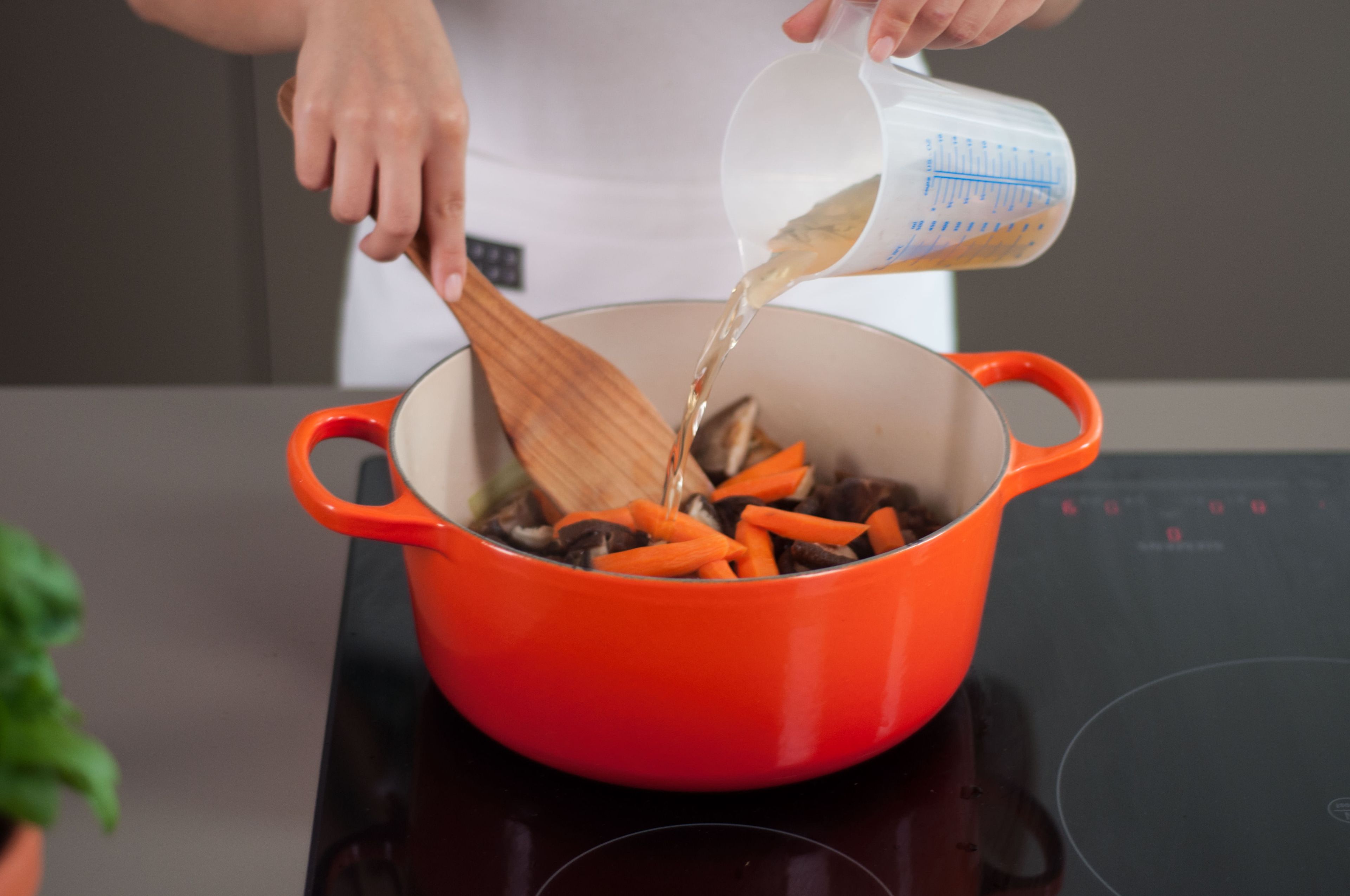Shiitake-Pilze, Karotten, Maronen und das aufgefangene Pilz-Wasser hinzugeben. Hitze reduzieren und mit einem Deckel abdecken. Für ca. 25 – 30 Min. köcheln lassen und gelegentlich umrühren, bis das Hühnchen durch und die Karotten zart sind. Guten Appetit!