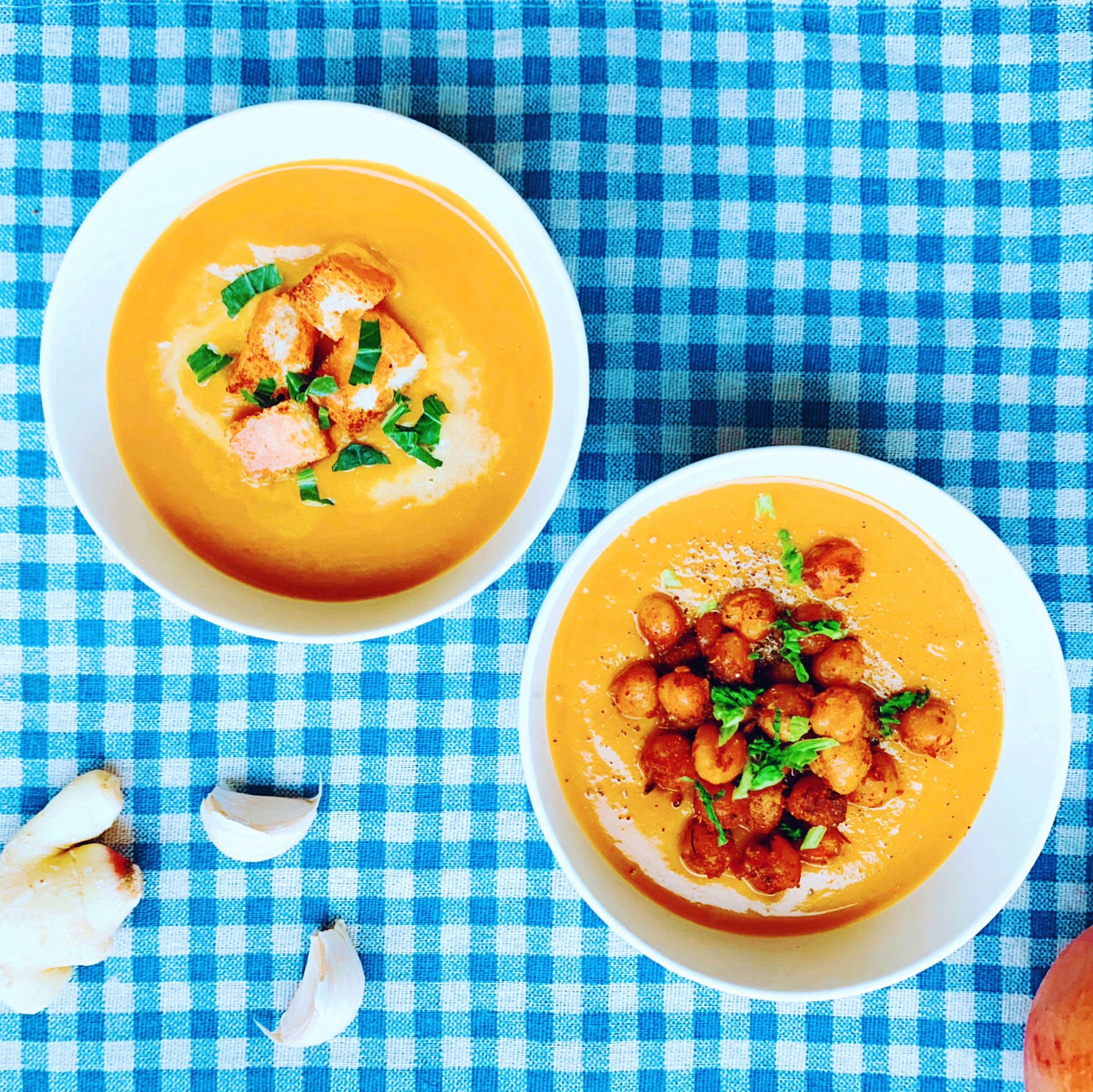 Silky butternut soup with spicy chickpeas and croutons