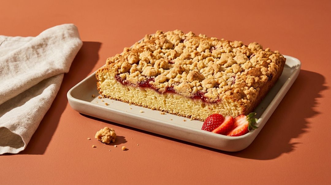 Vanille-Streuselkuchen mit Erdbeermarmelade