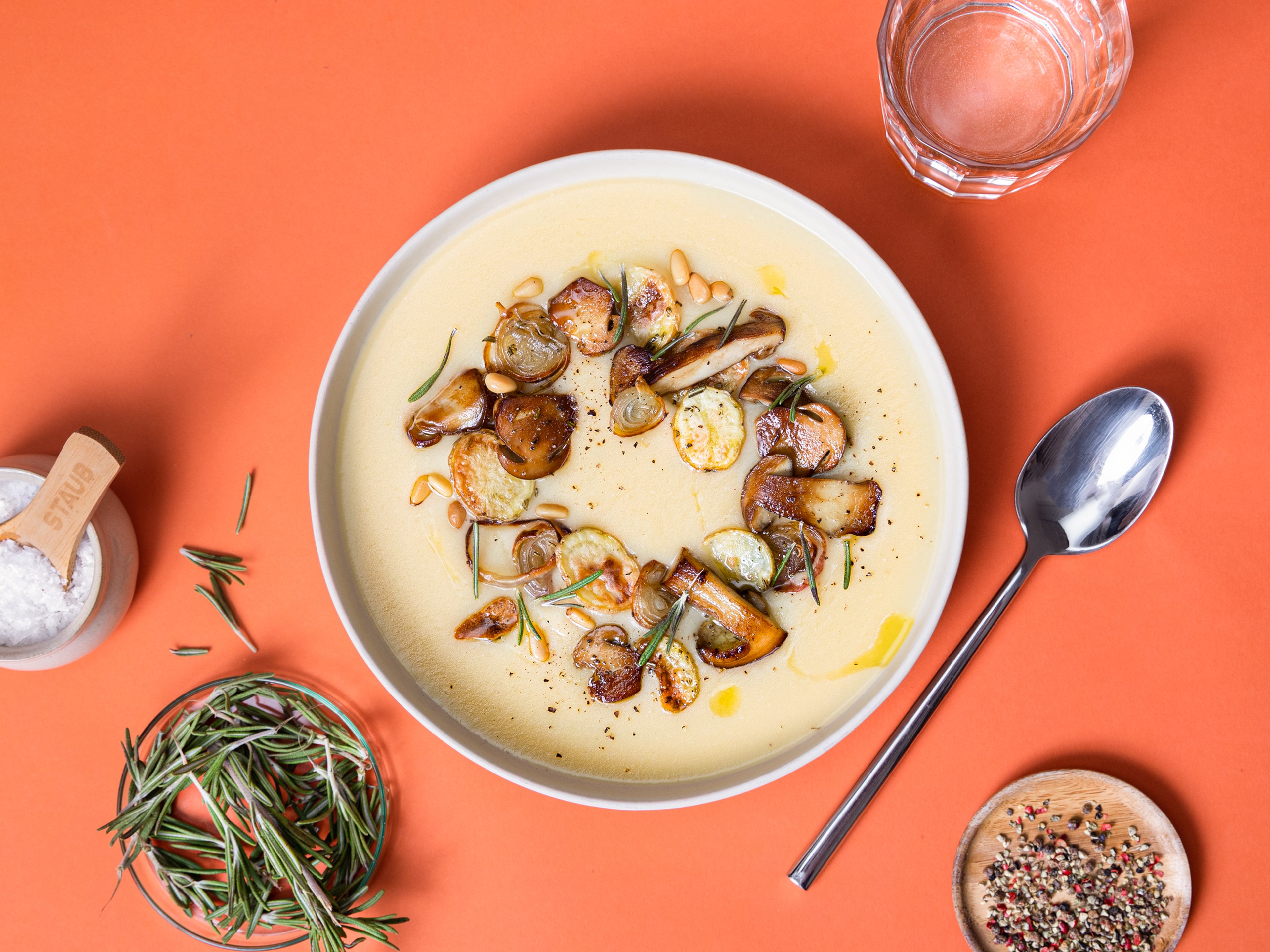 Potato soup with fried porcini mushrooms