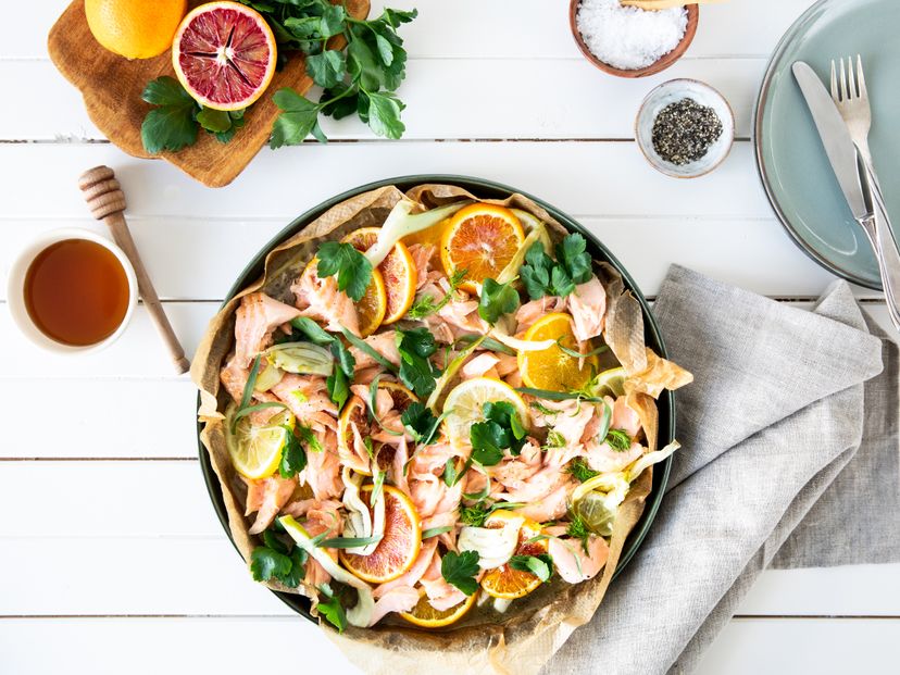 Honey pulled salmon with oranges and fennel