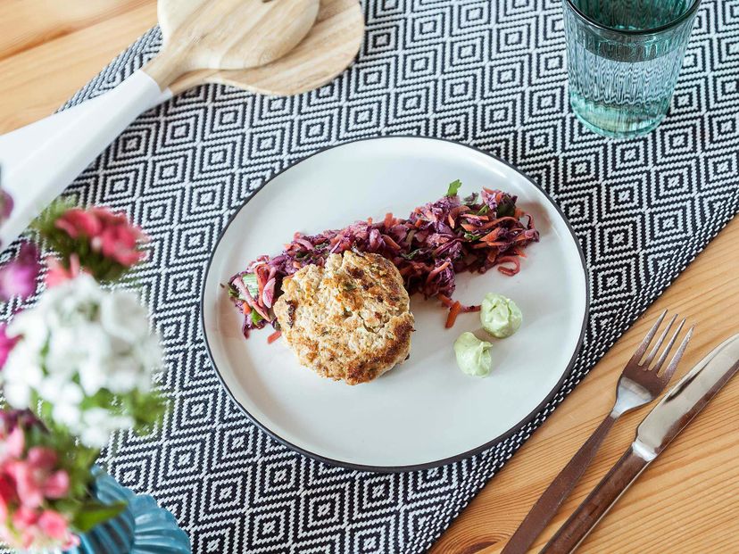 Salmon cakes with Asian slaw and wasabi mayo