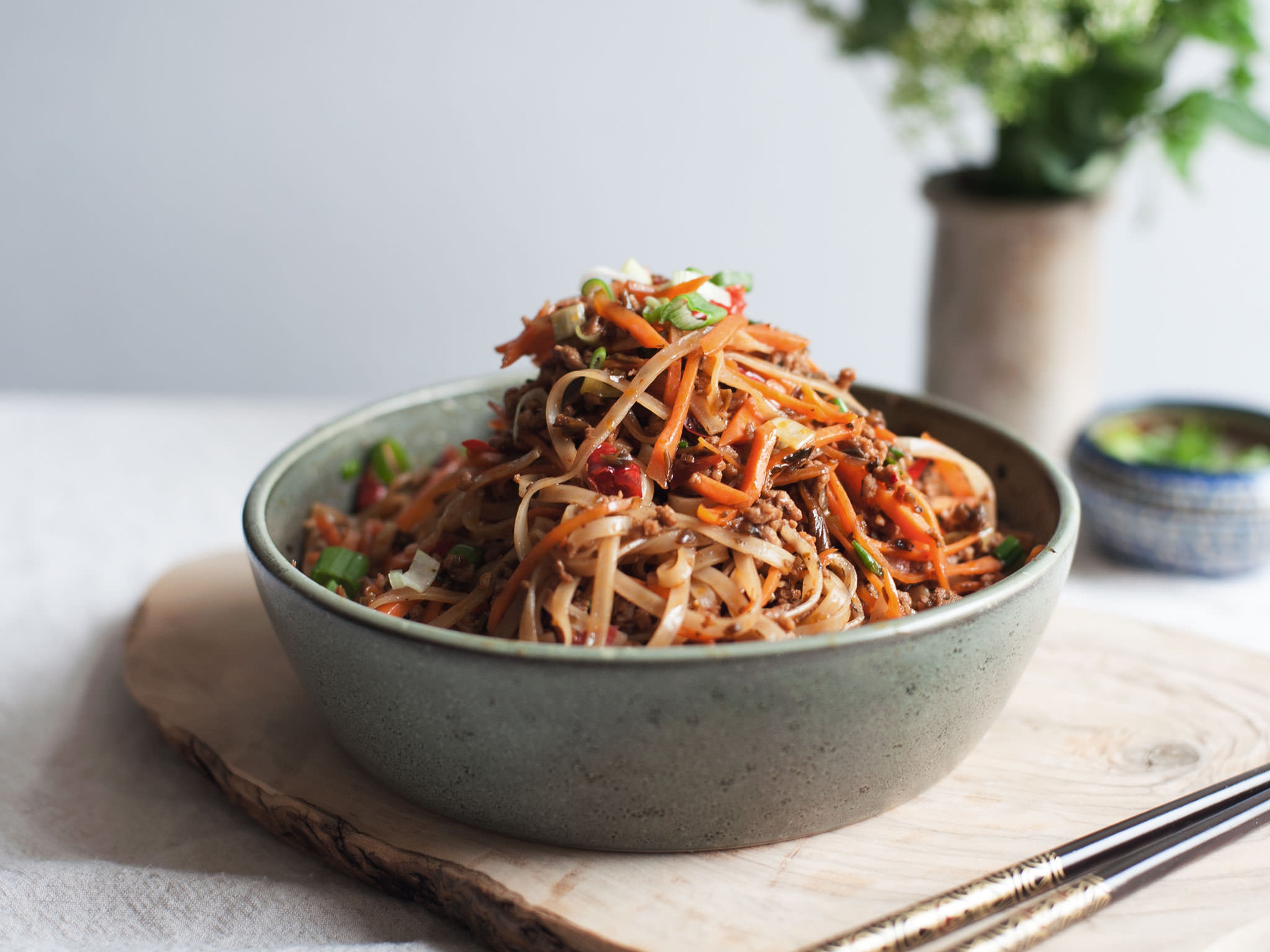 Sichuan rice noodle and pork stir-fry