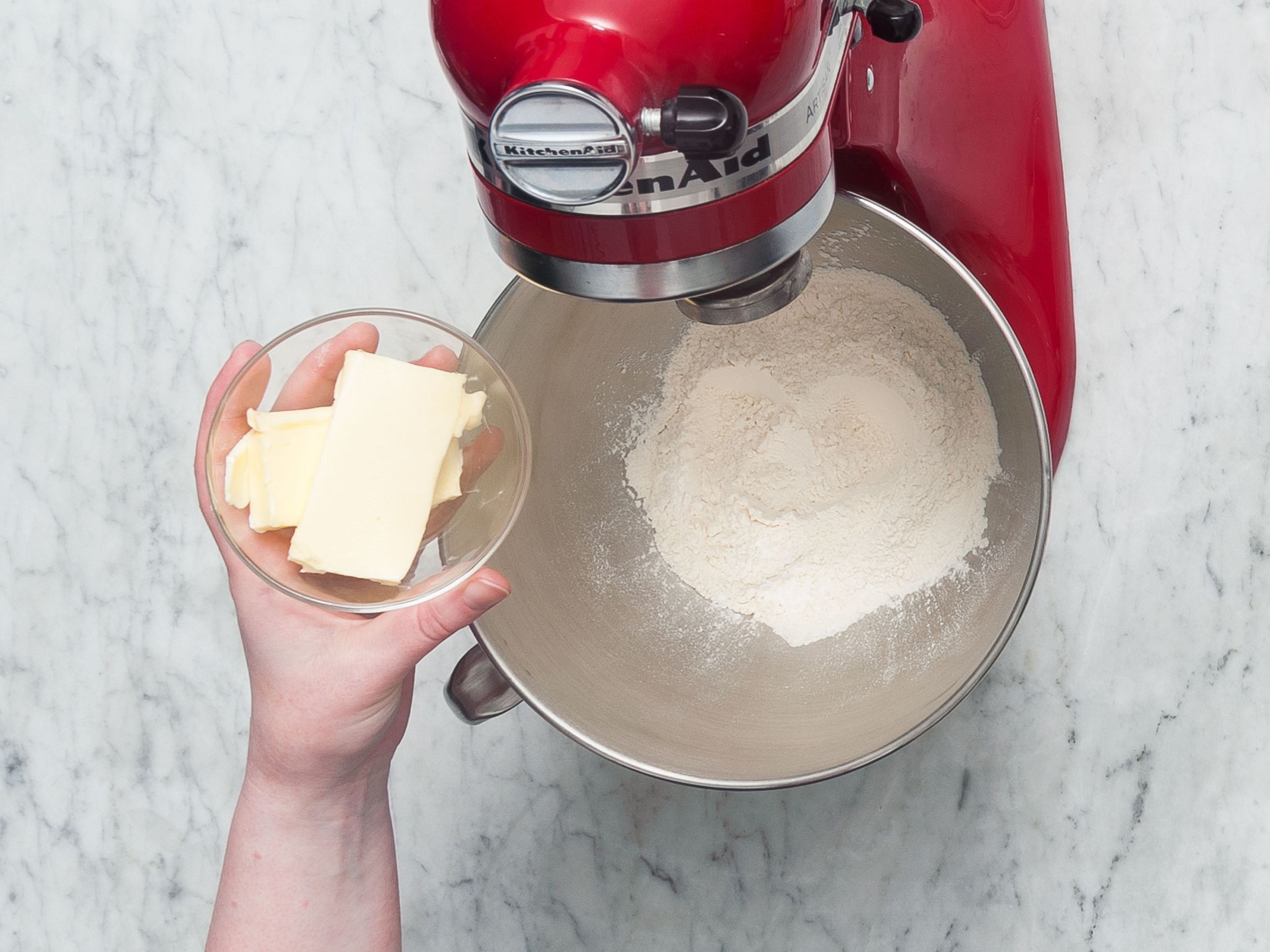Mix flour and baking powder together in a mixing bowl or the bowl of stand mixer. Add butter and stir to combine until a crumbly dough forms.