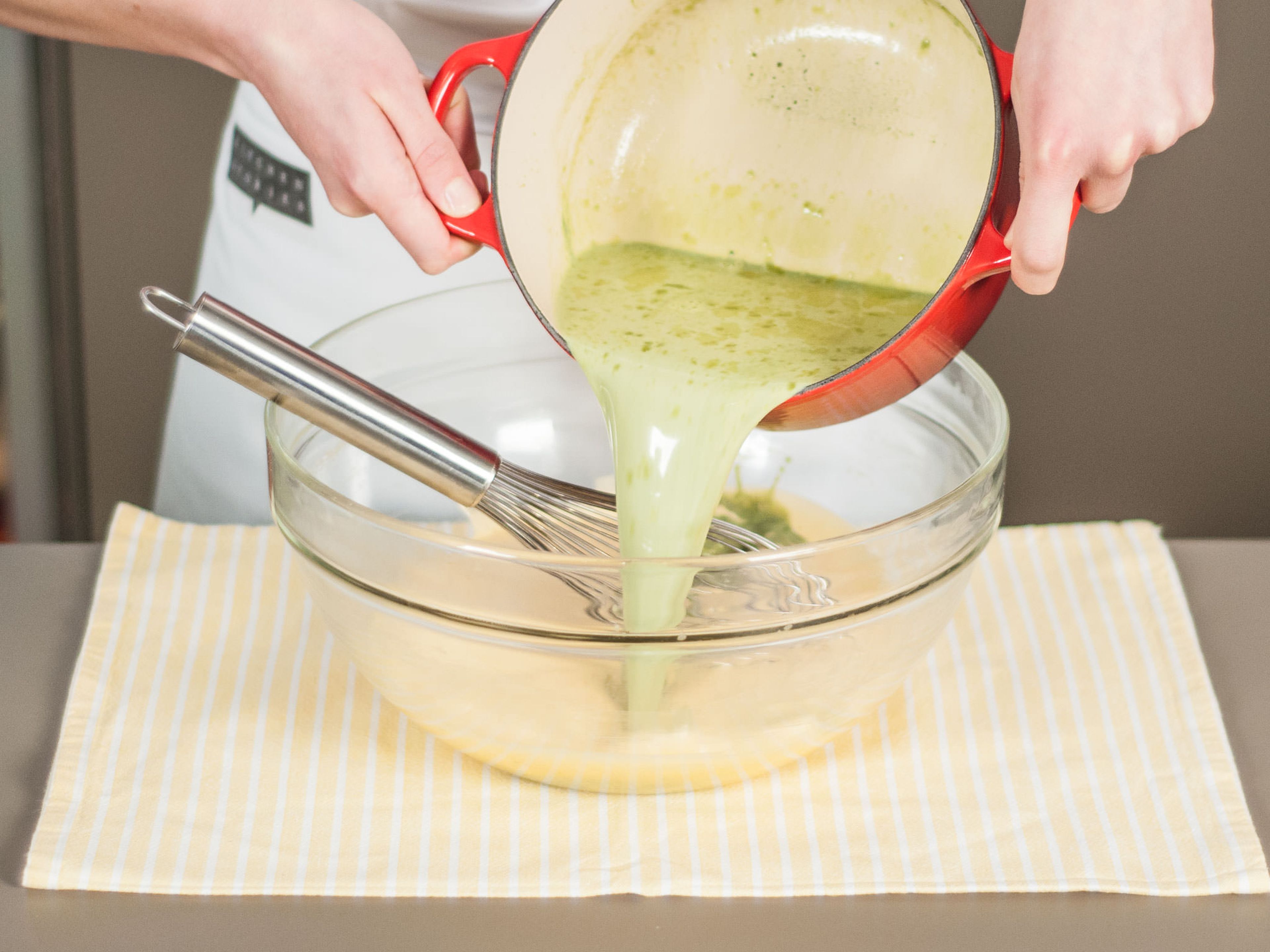Remove egg yolk mixture from heat. Combine with matcha cream. Whisk until well combined. To cool, place over an ice bath and continue to whisk for approx. 3 – 4 min.