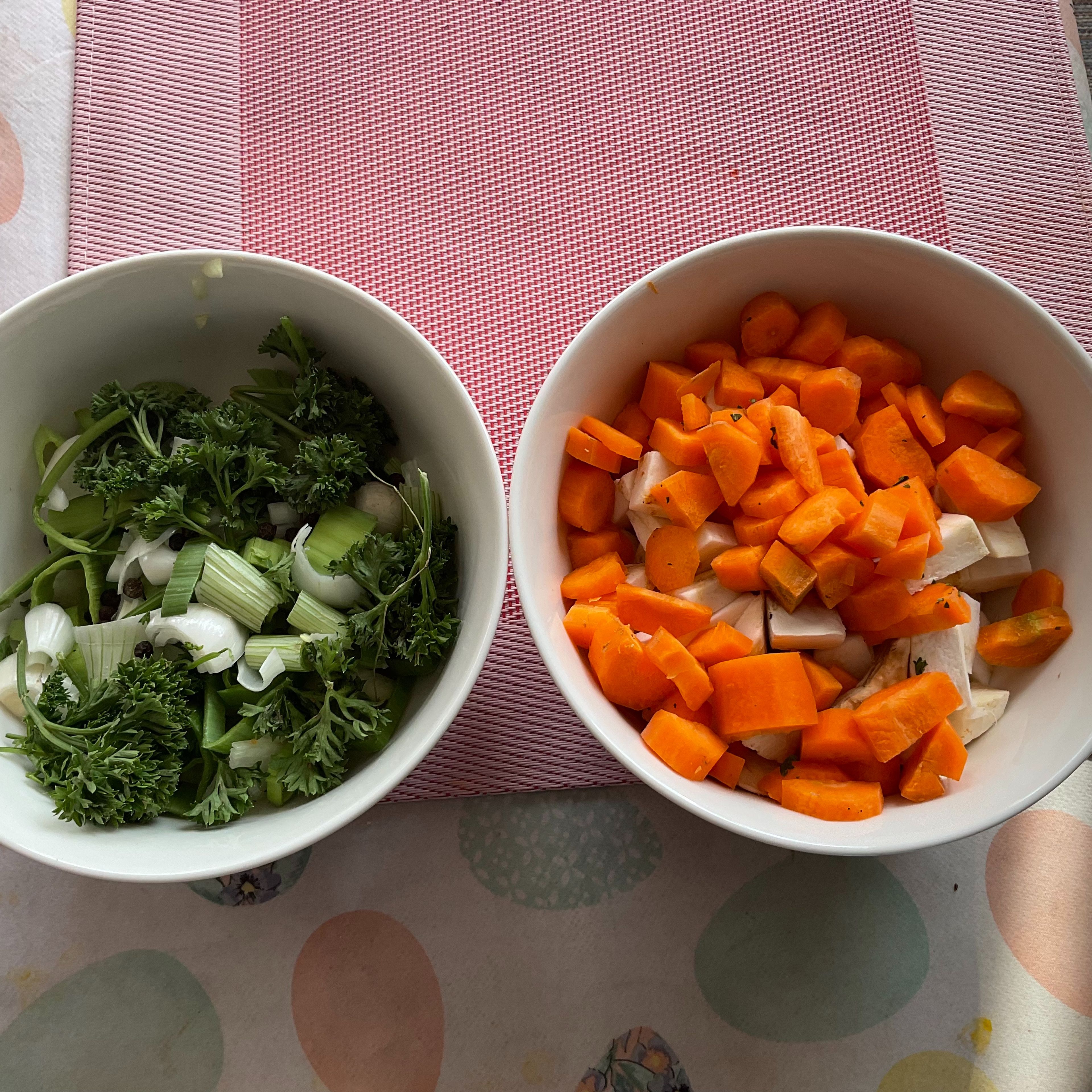 Für ne leckere Bratensauce wird inzwischen der Rest an Karotten, Sellerie und Frühlingszwiebeln geschnitten…