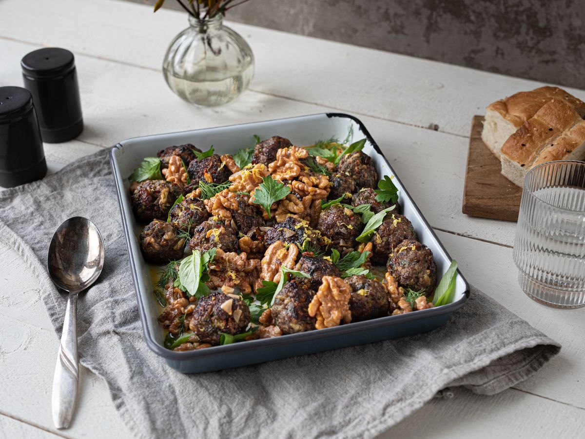 Easy sheet pan meatballs with savory walnut sauce | Recipe | Kitchen Stories