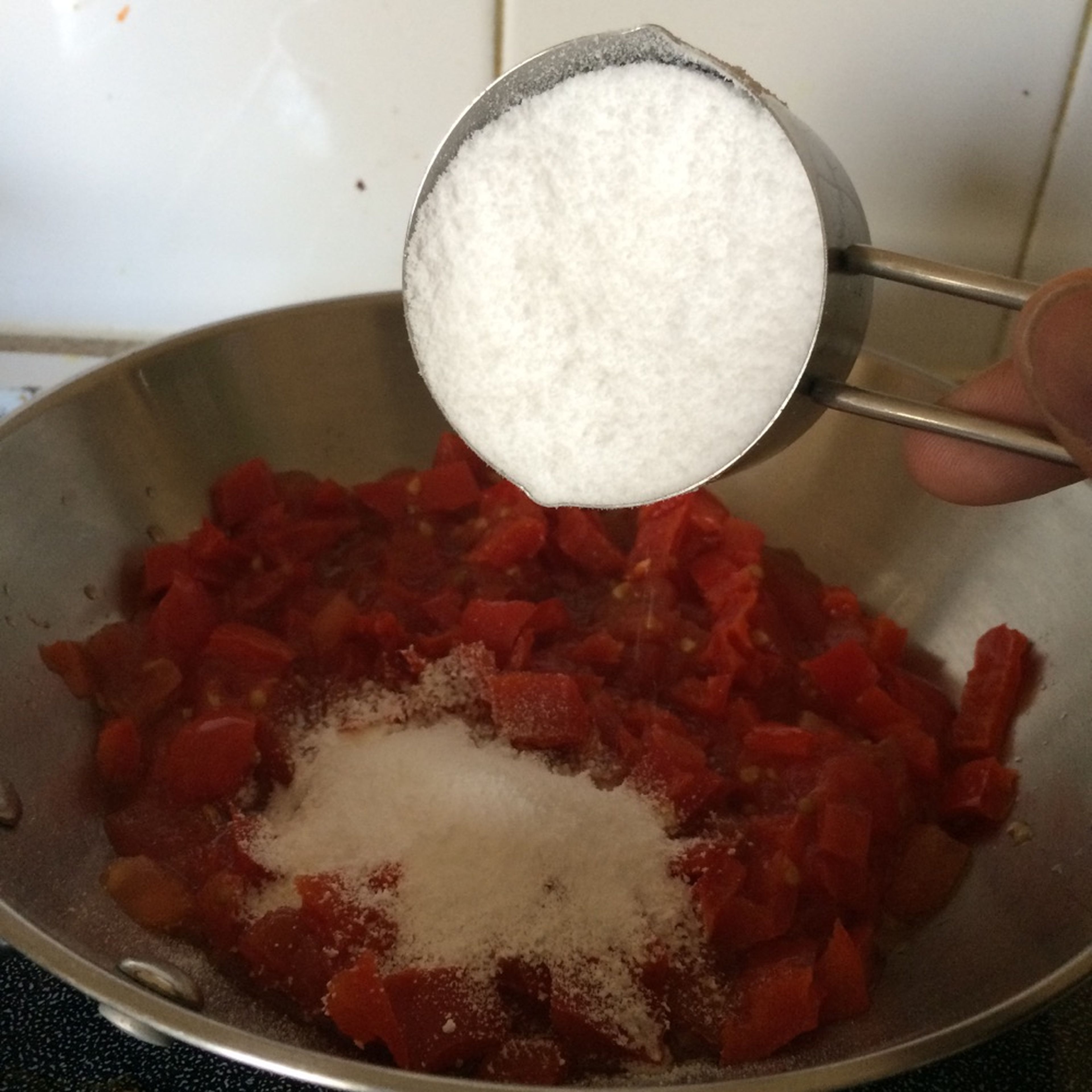Sautée diced red pepper with stevia and cinnamon until excess water boils out.