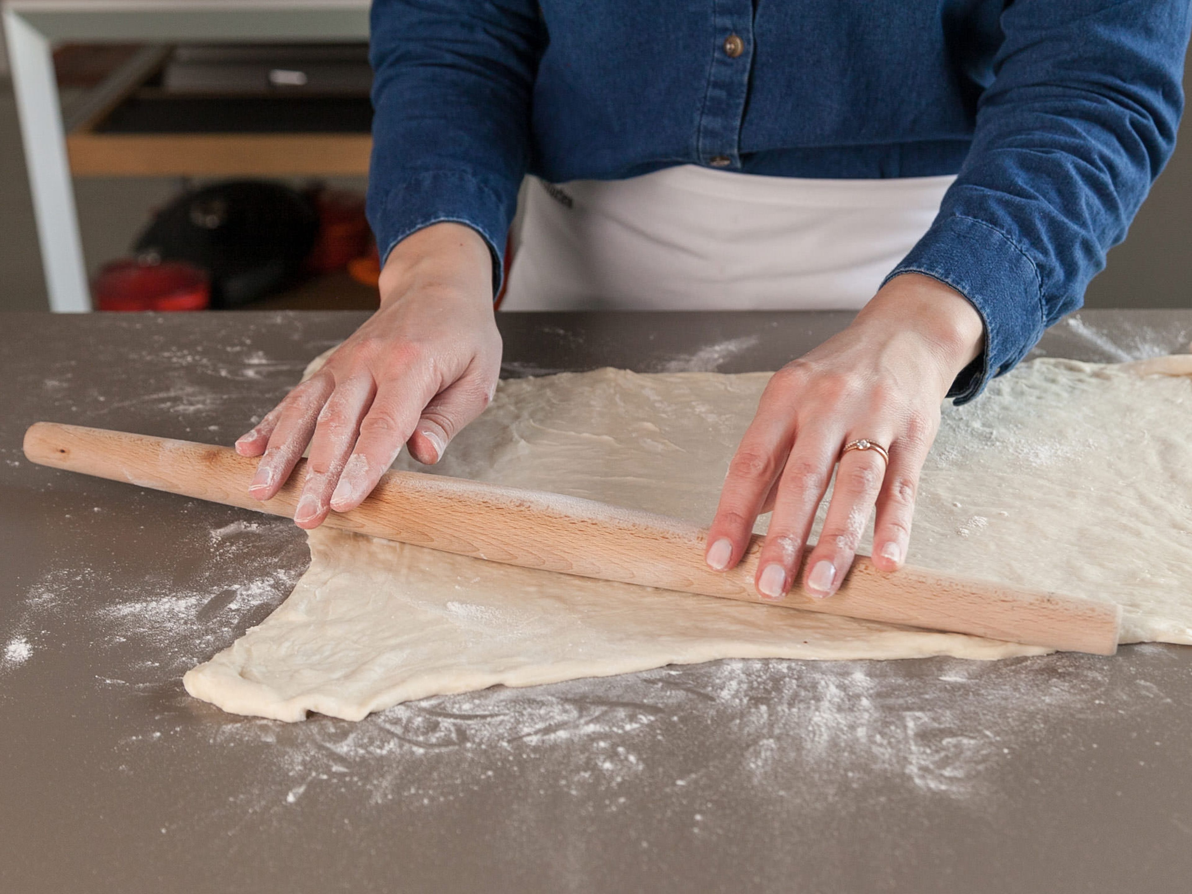 Let bread dough thaw, then roll into a 25x35-cm/10x14-in. rectangle on a lightly floured surface.