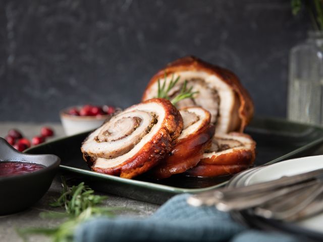 Crispy rolled pork belly with cranberries and herbs | Recipe | Kitchen ...