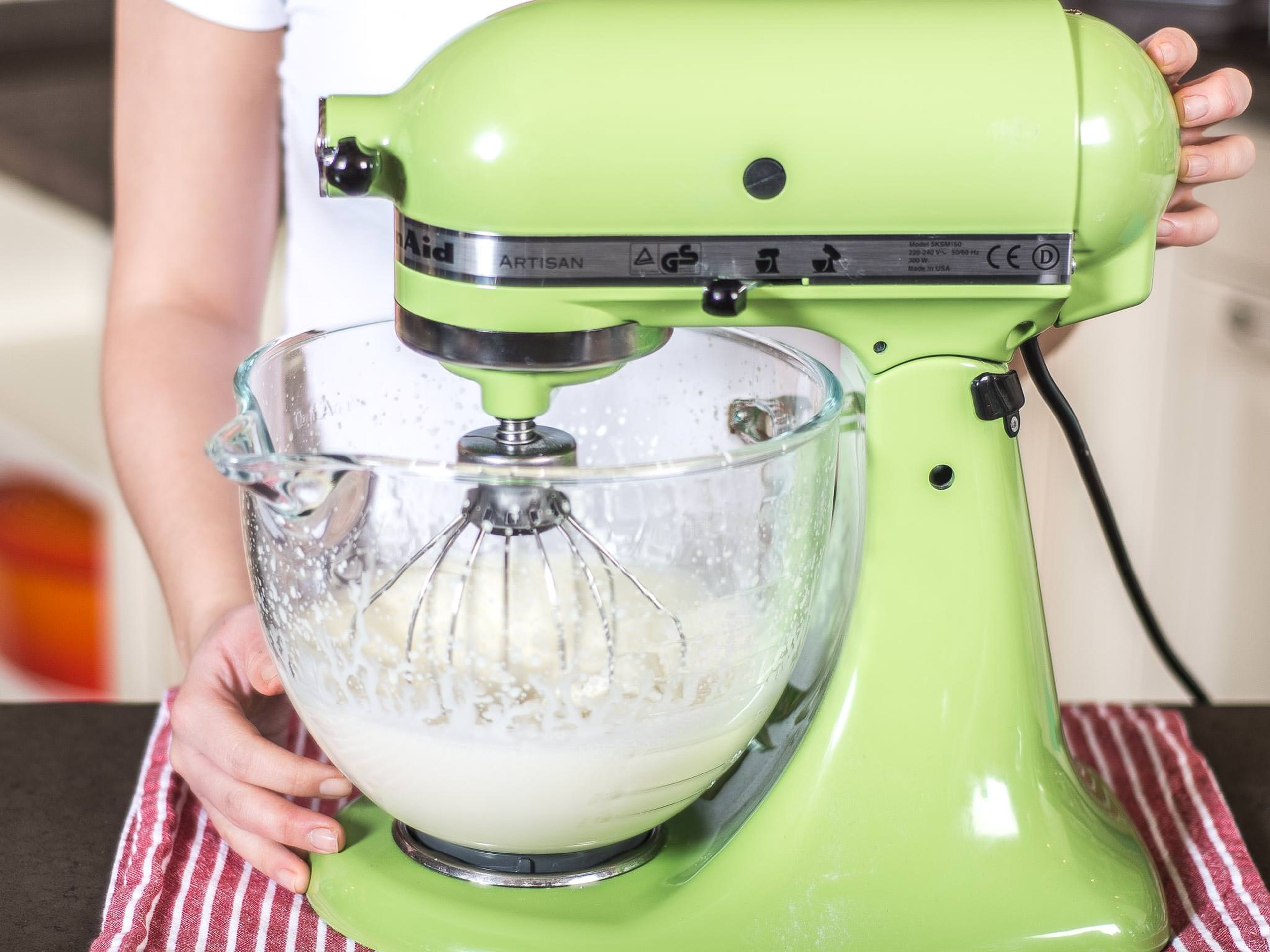 Now whip heavy cream in a standing mixer or with a hand mixer until stiff peaks form.