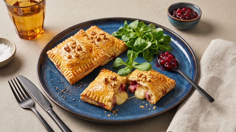 Goldbraune Blätterteigtaschen mit Camembert und Schinken aus dem Airfryer