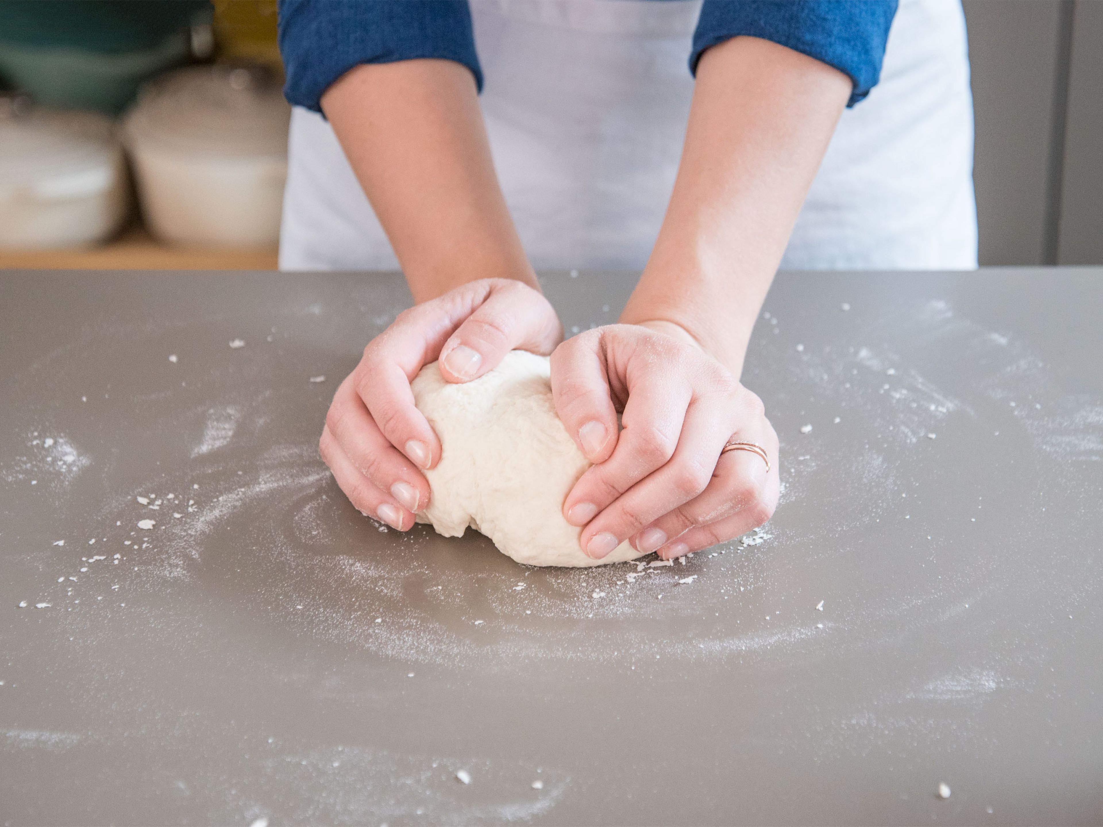 Add yeast to lukewarm water and stir until dissolved. Add flour, salt, sugar, and butter and knead for approx. 4 – 5 min. until dough is smooth and elastic.