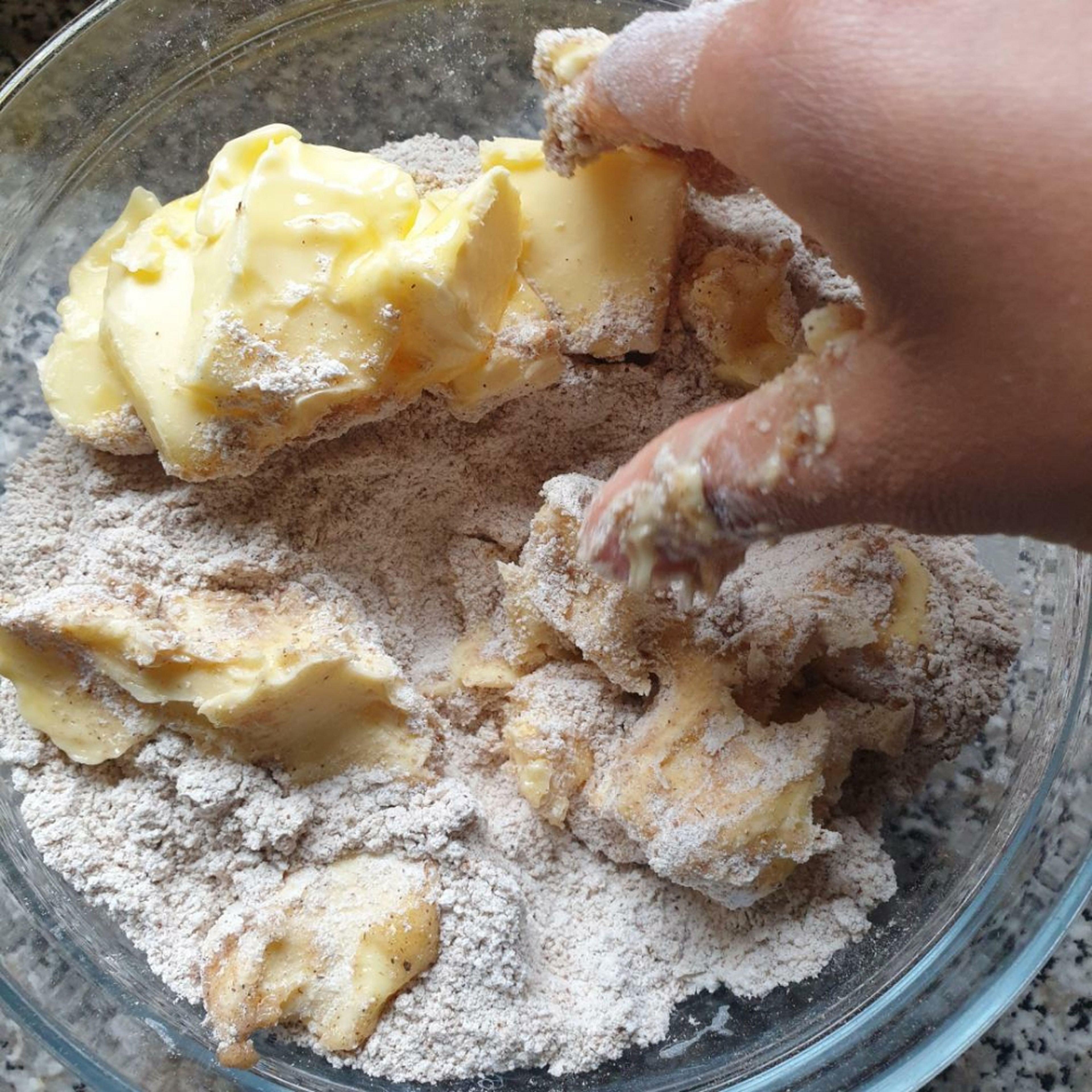 Make the Streusel: add the butter into the flour mixture and mix together and until its combined together. Set aside.