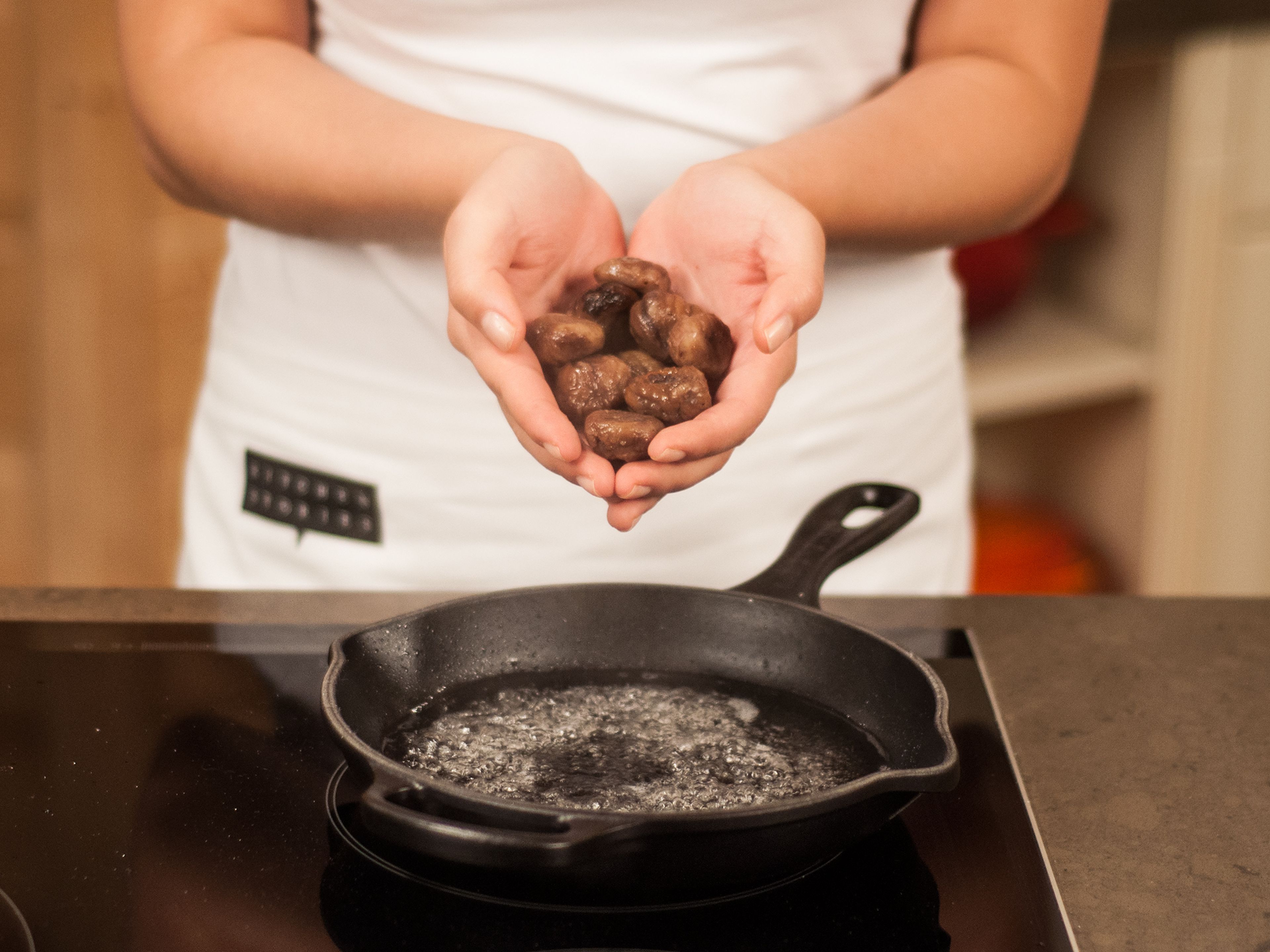 Add chestnuts to frying pan and continue to cook for an additional 3 – 5 min.