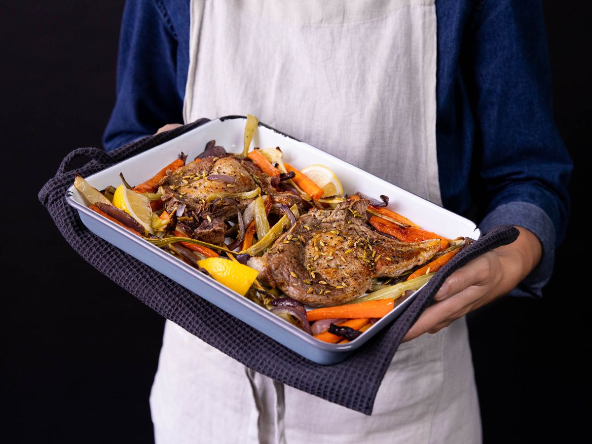 5-ingredient sheet pan pork chops and roasted vegetables | Recipe