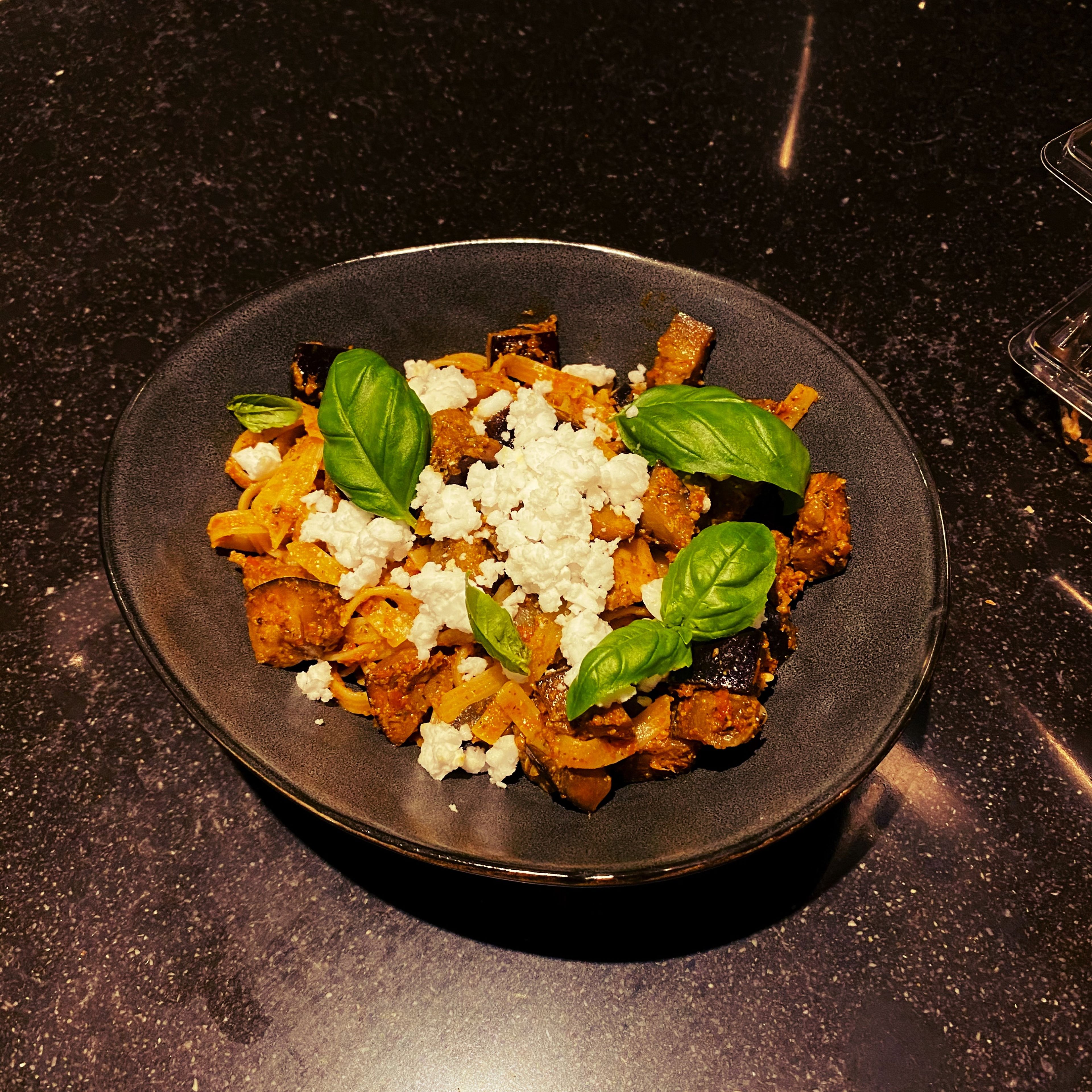 Tagliatelle with grilled eggplant and feta