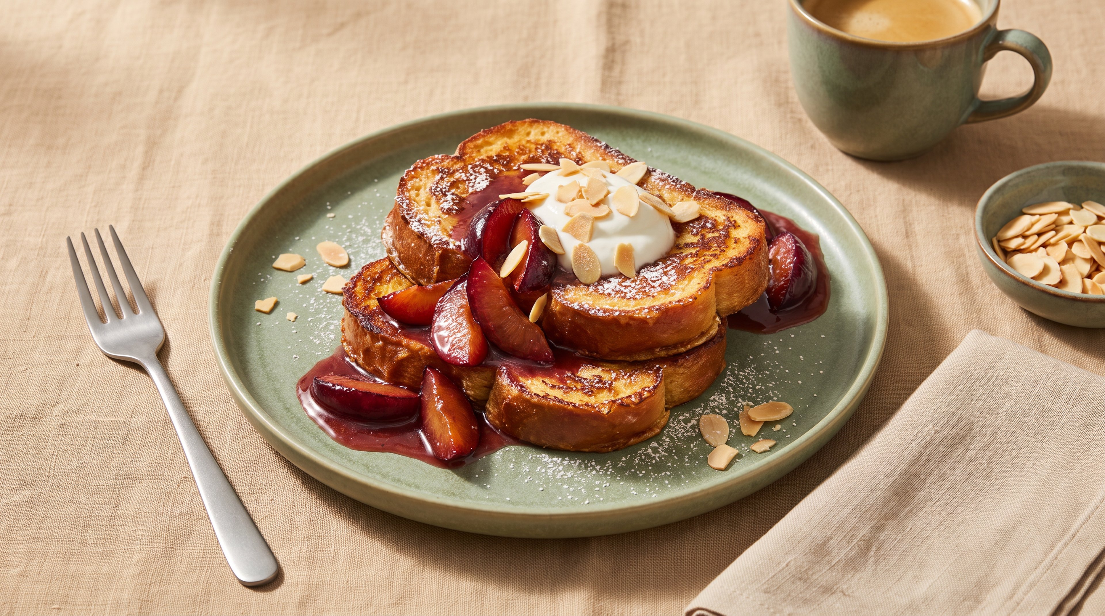 Spätsommerliches Frühstück mit warmen Zwetschgen und Brioche