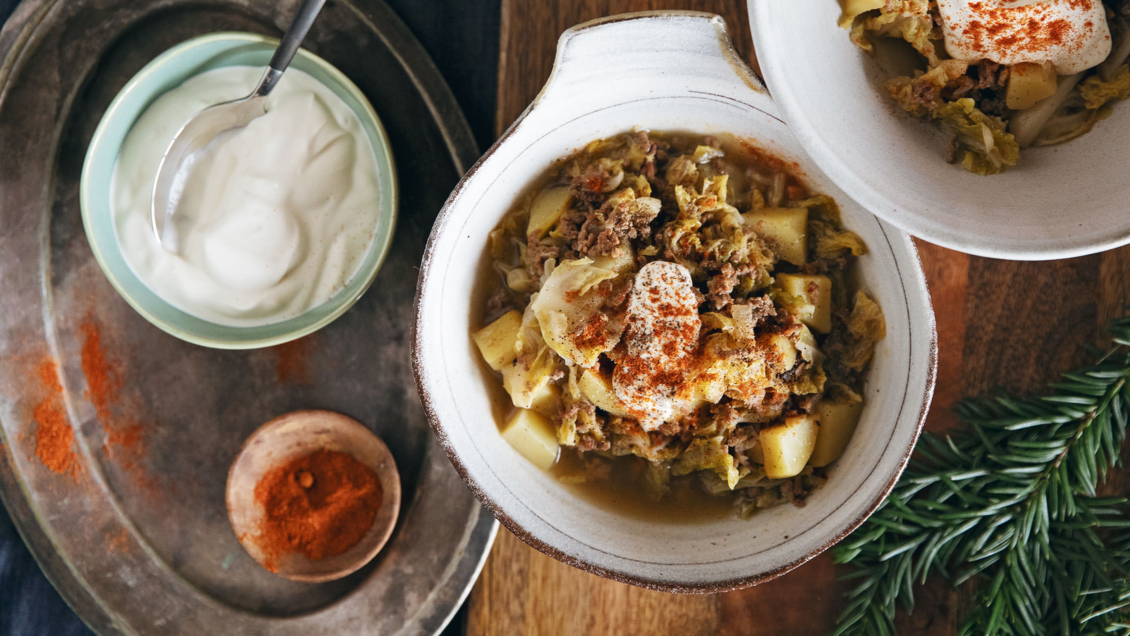 German savoy cabbage, potato, and ground beef stew