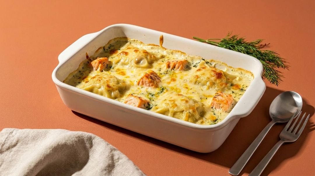 Überbackene Maultaschen mit Lachs und Spinat
