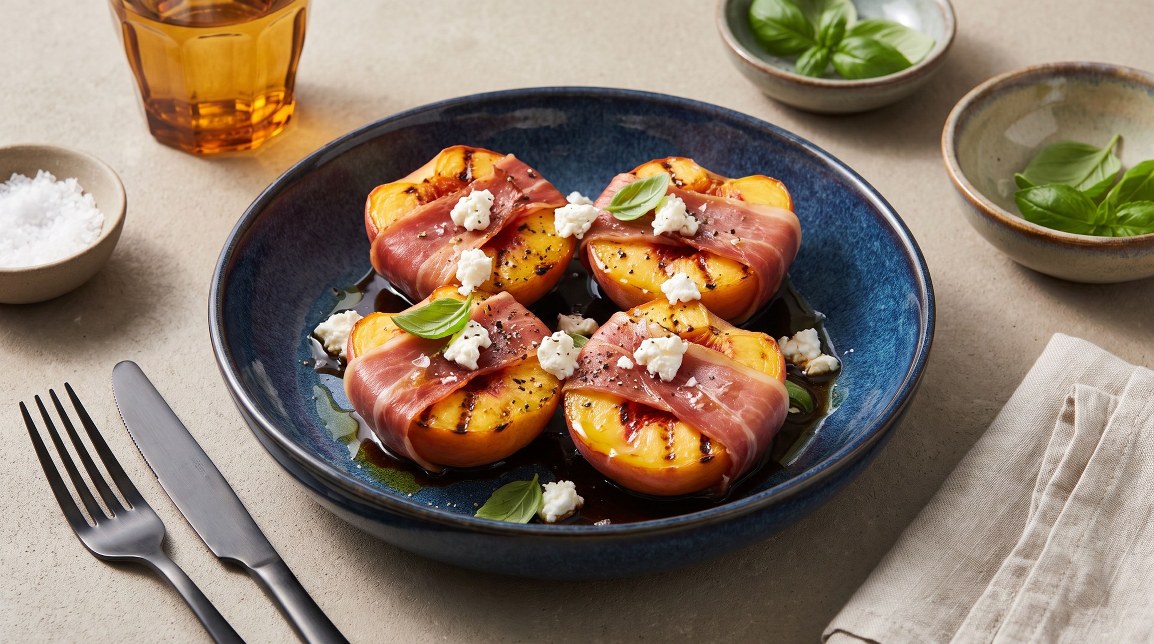 Süß trifft salzig: Gegrillte Pfirsiche im Prosciutto-Mantel