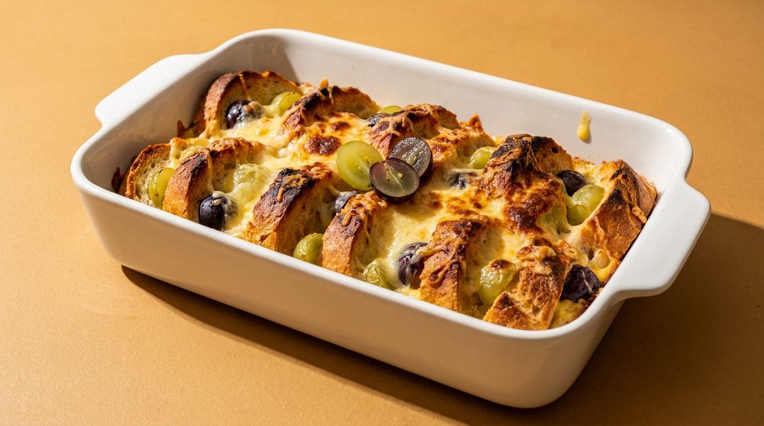 Herzhafter Brotauflauf aus den Weinbergen mit Käse und Trauben