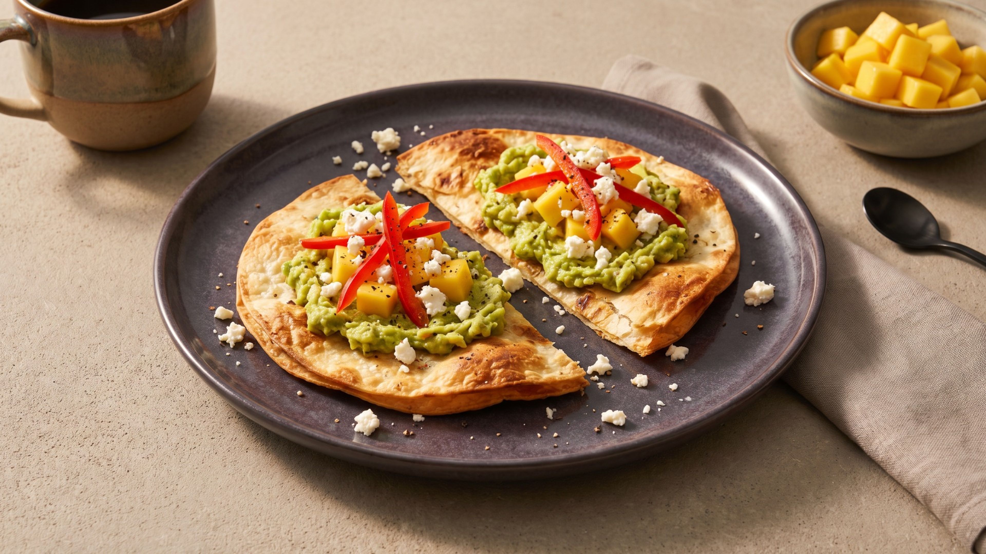 Knusprige Frühstückstostadas mit Avocado, Mango und Feta statt klassischem Toast