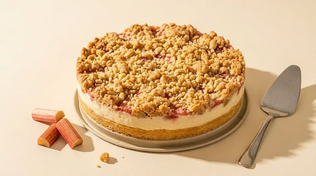 Rhabarberkuchen mit Vanillepudding und knusprigen Streuseln