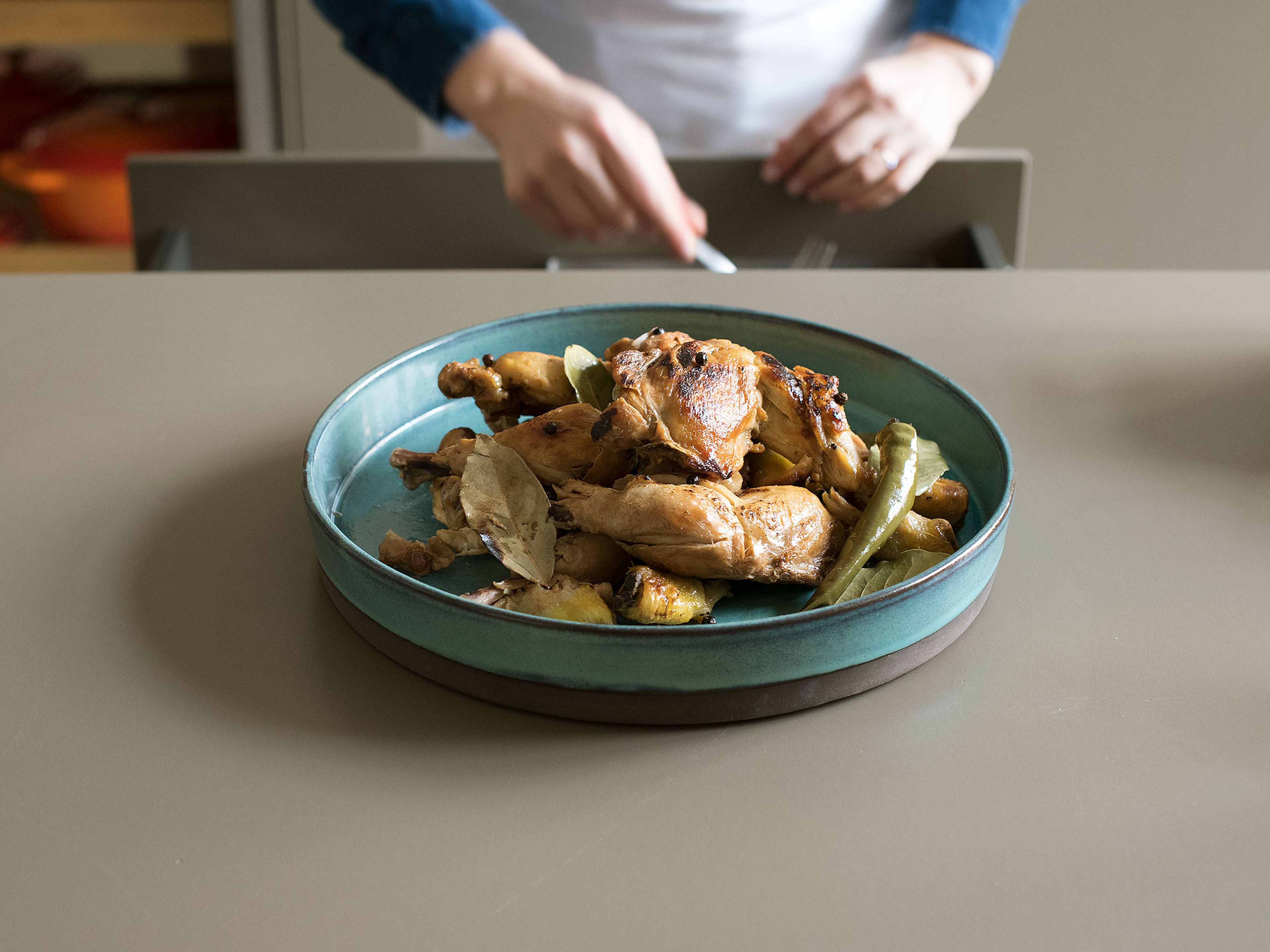 Put lid on slow cooker and cook on high for 2 – 3 hrs. or low for 4 – 5 hrs., until chicken is tender. Remove chicken with slotted spoon and place on serving platter; cover to keep warm.