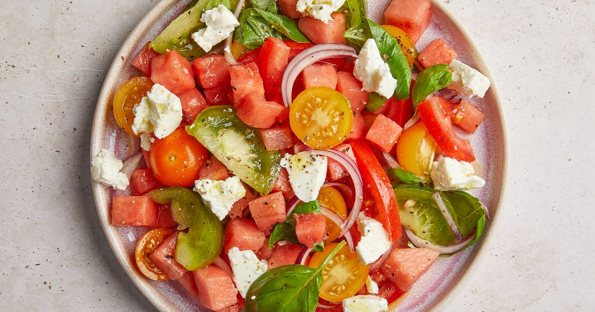 TomatenSalat mit Wassermelone und Feta Rezept Kitchen Stories