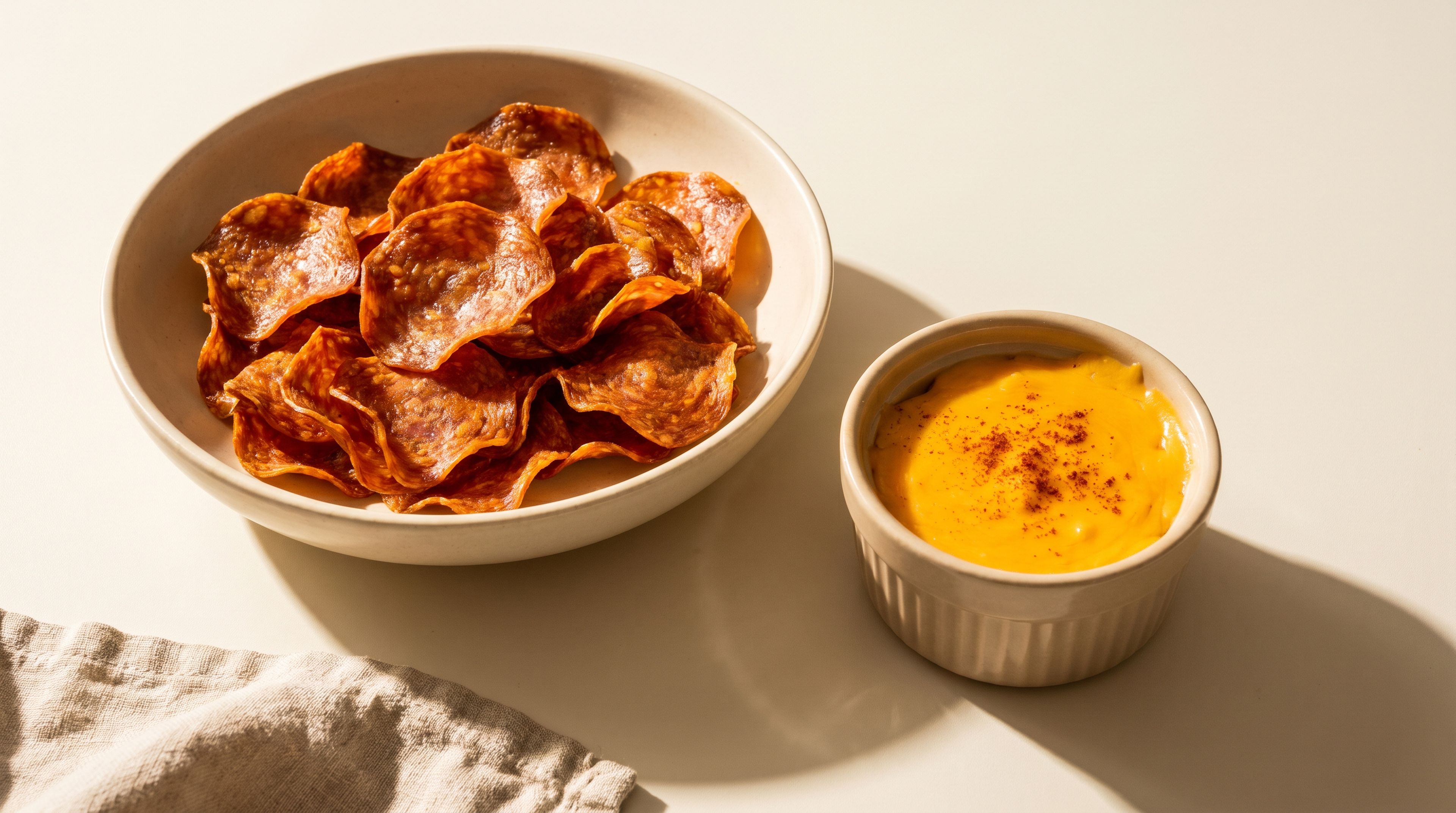 Knusprige Salami-Chips mit cremigem Cheddar-Dip