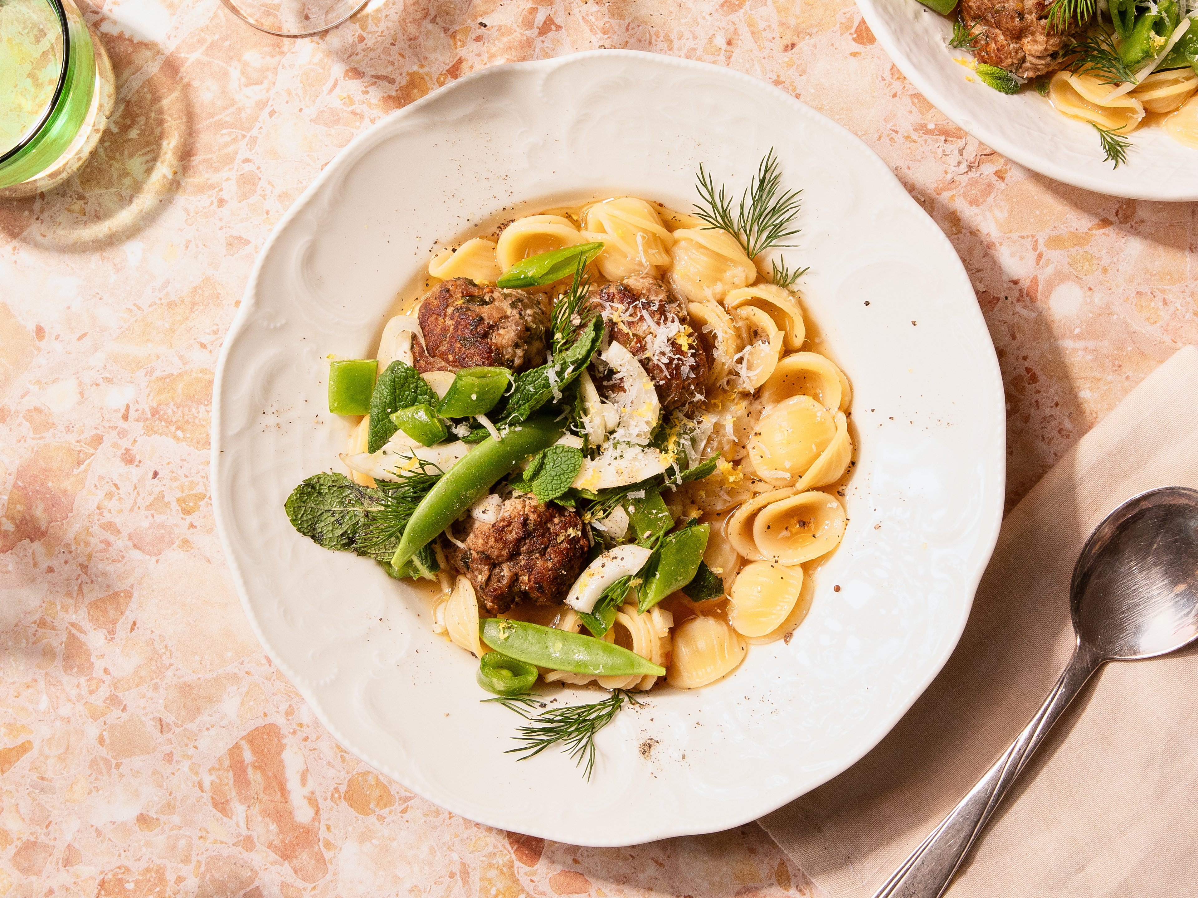 Spring meatballs with orecchiette in lemony broth