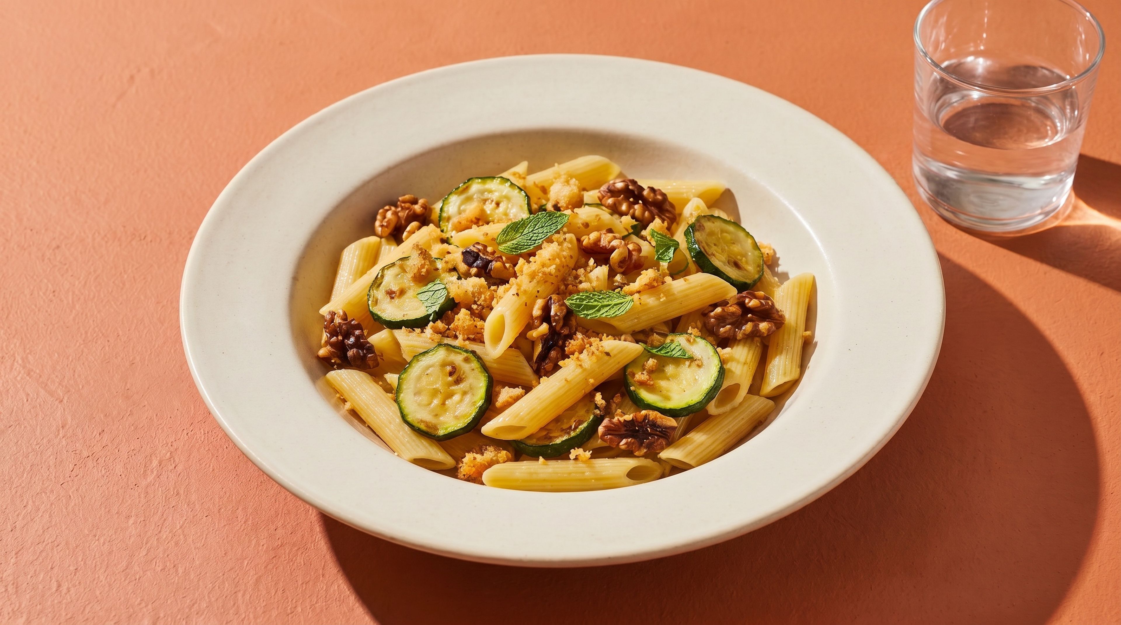 Sommerliche Penne mit gerösteten Zucchini, Walnüssen und Minze