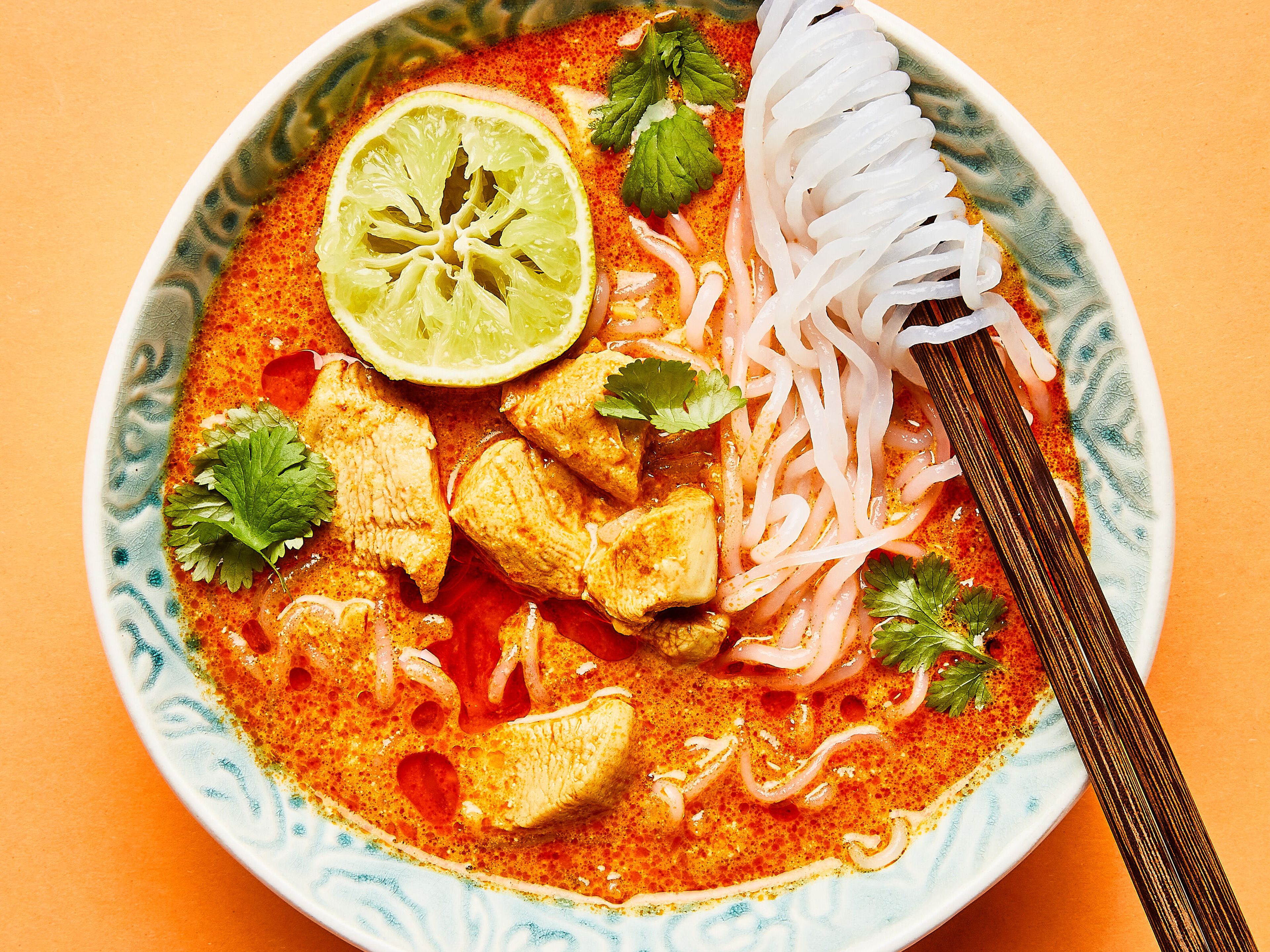 Red curry chicken soup with shirataki noodles