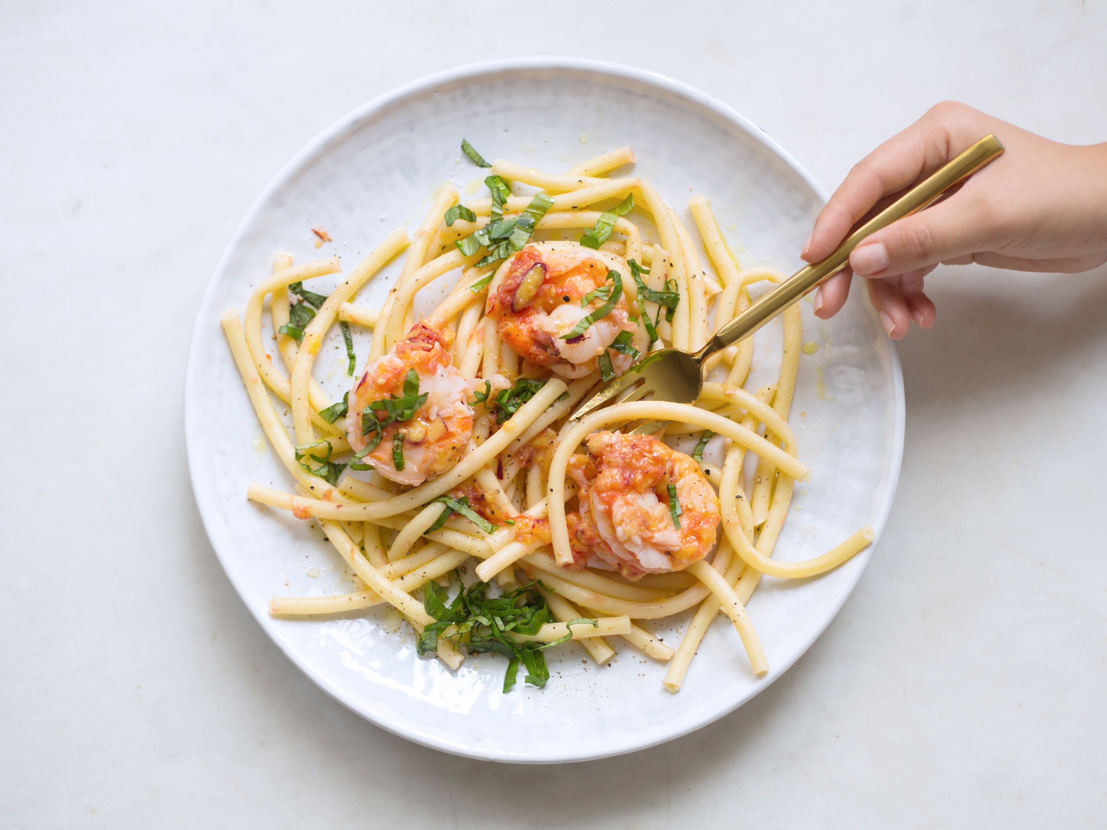 Macaroni with shrimp, tomato, and nectarine
