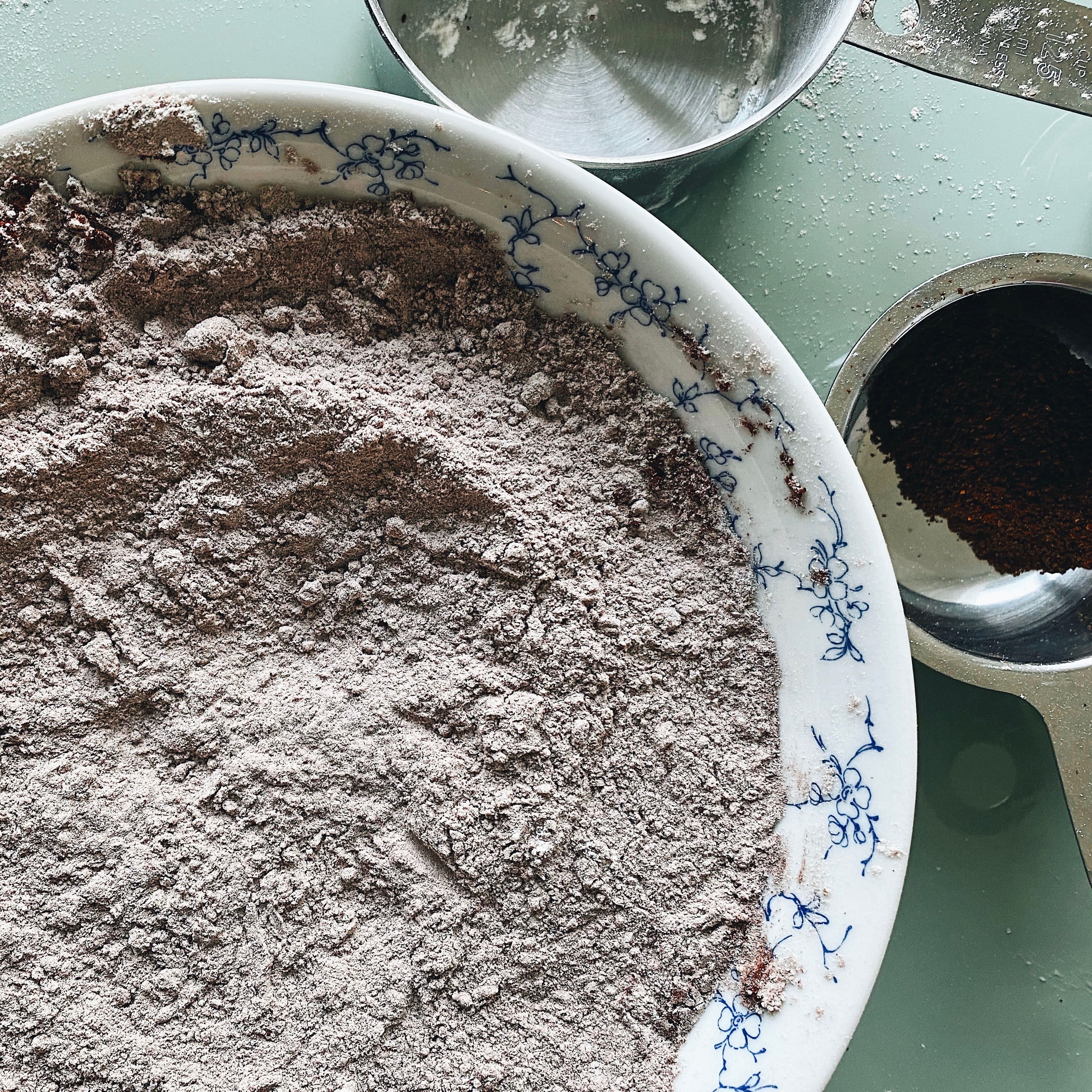 Mix cocoa powder, flour, baking soda, salt and espresso powder in a separate bowl.