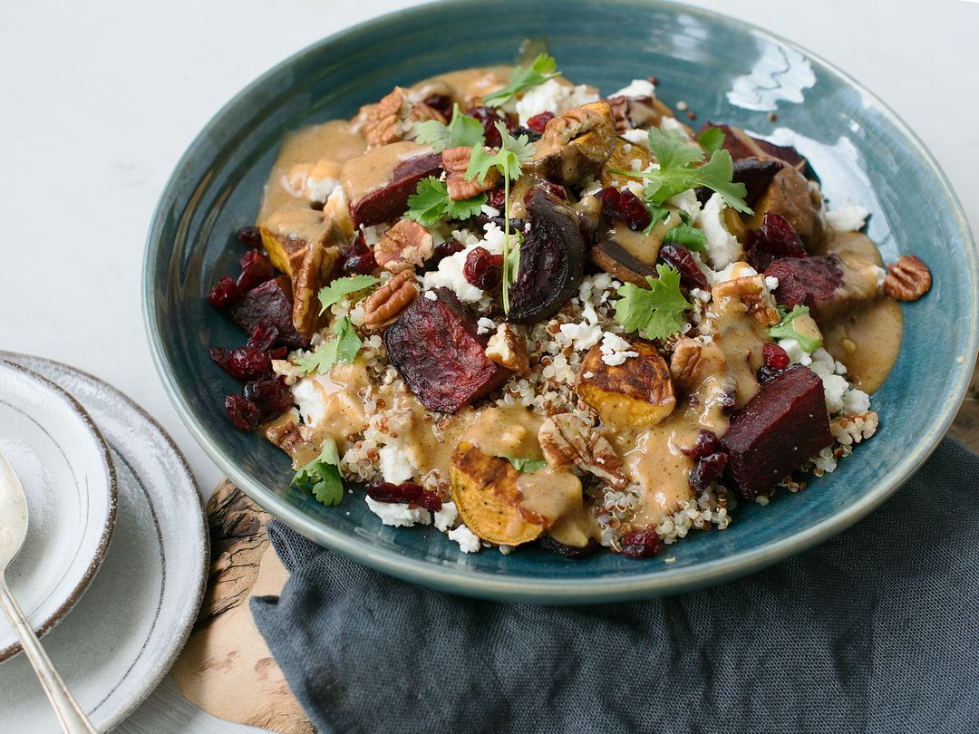 Quinoa salad with beetroot, sweet potatoes, and miso dressing