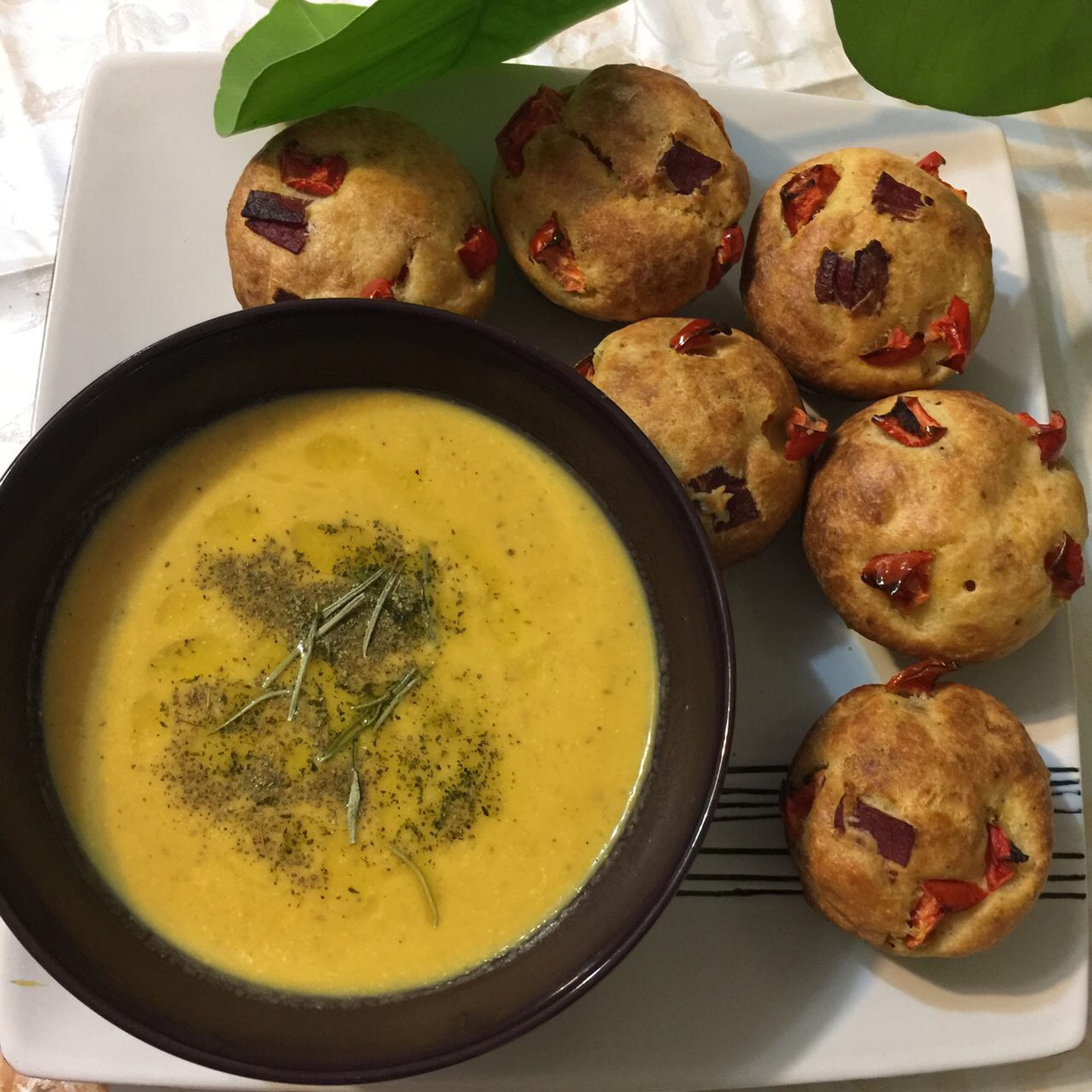 Pumpkin soup with mediterranean muffins