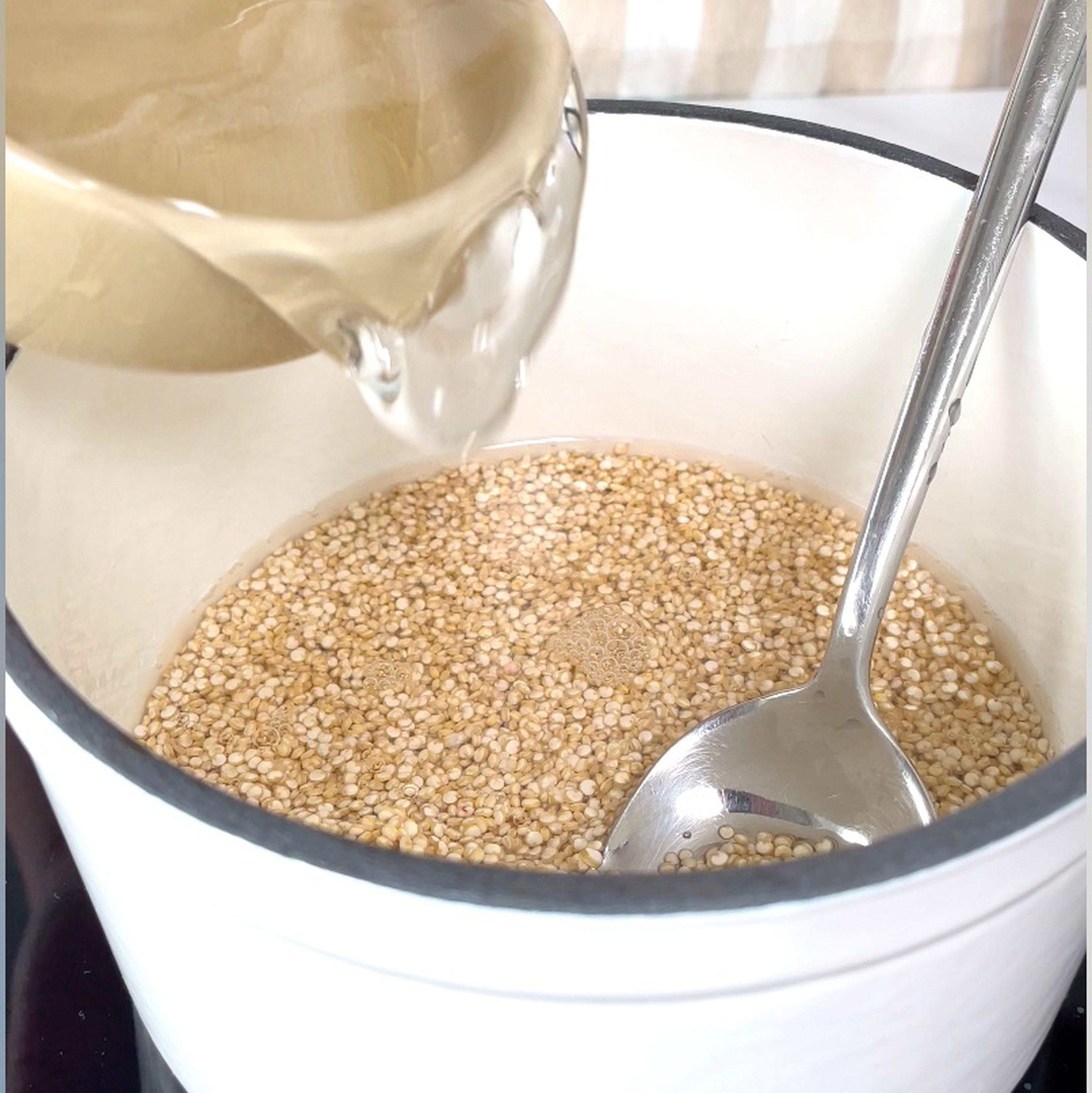 Den Quinoa unter kaltem Wasser in einem Sieb waschen. Dann mit dem Wasser und etwas Salz in einem kleinen Topf zum kochen bringen und bei mittlerer Temperatur für 15 min köcheln lassen.