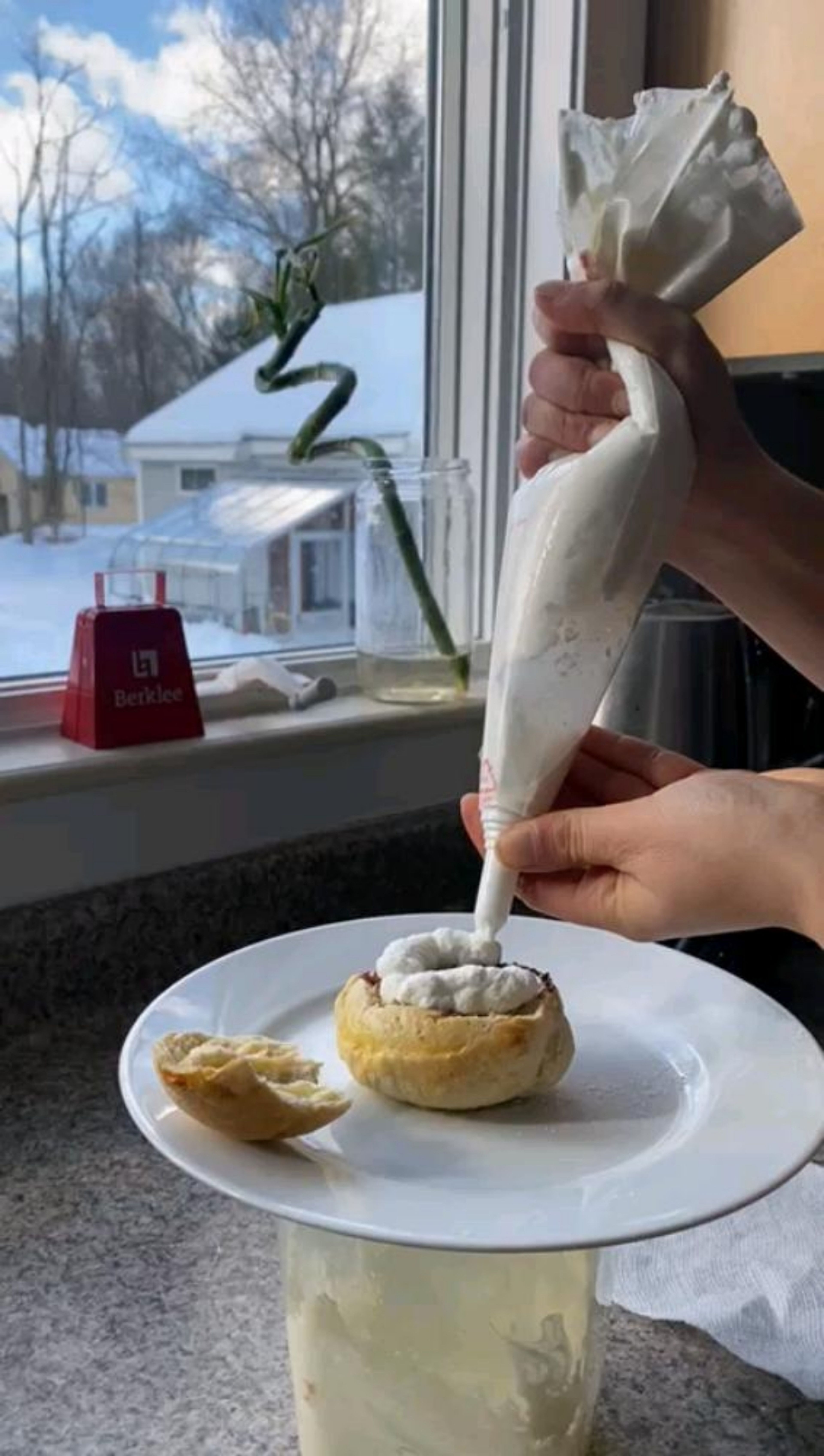 Pipe generous swirls of whipped cream atop the buns, then cover with the top of the bun. Dust with powdered sugar and serve!