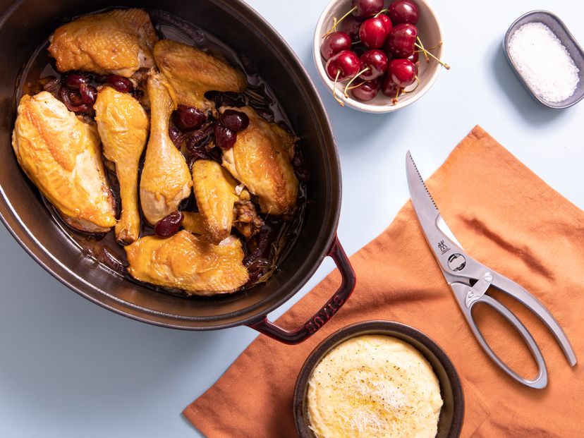 Easy sour cherry and balsamic roasted chicken with creamy polenta