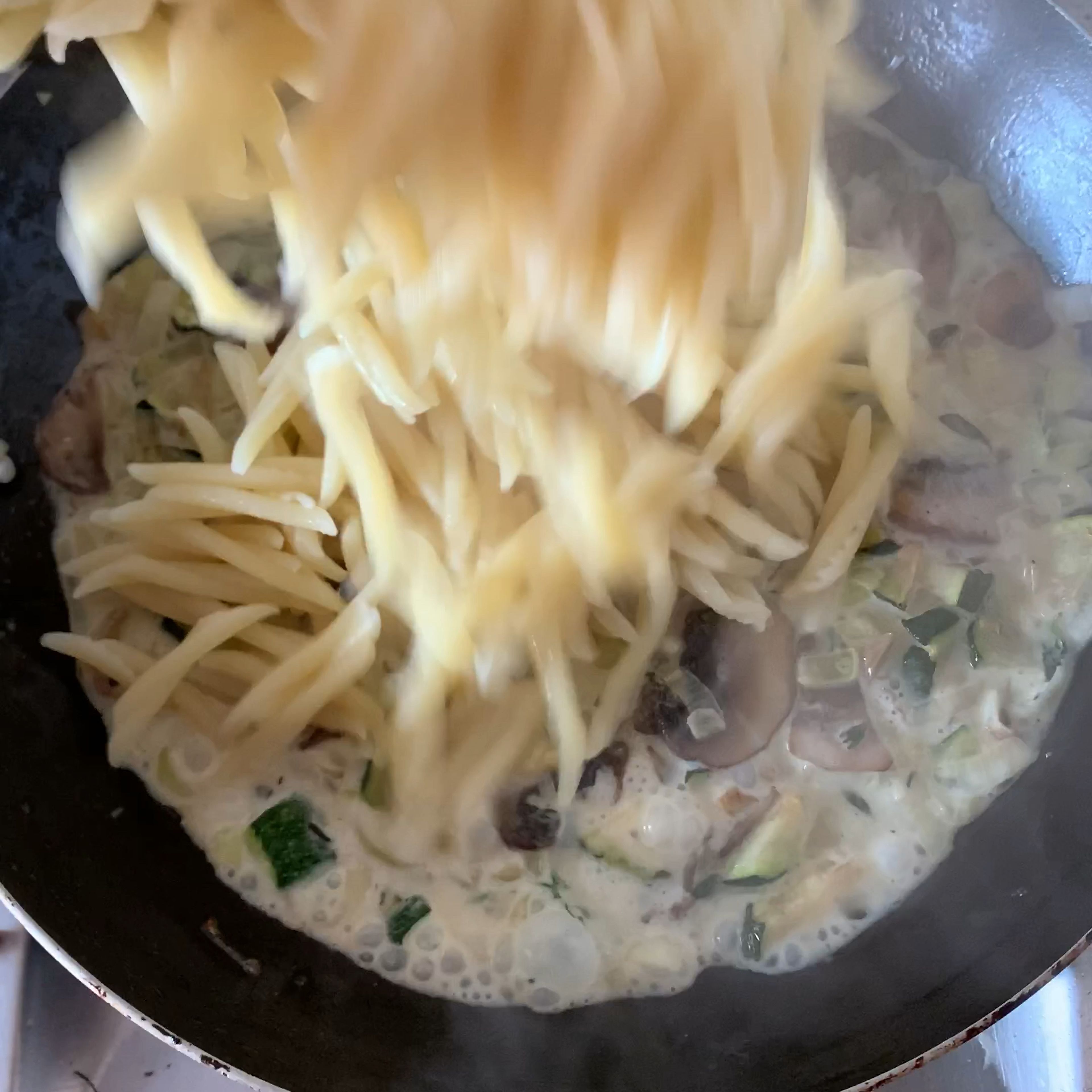 Add your pasta! The package said to cook my pasta for 10 minutes, I cooked for 9 and finished the remaining minute in the skillet to obtain an al dente pasta.