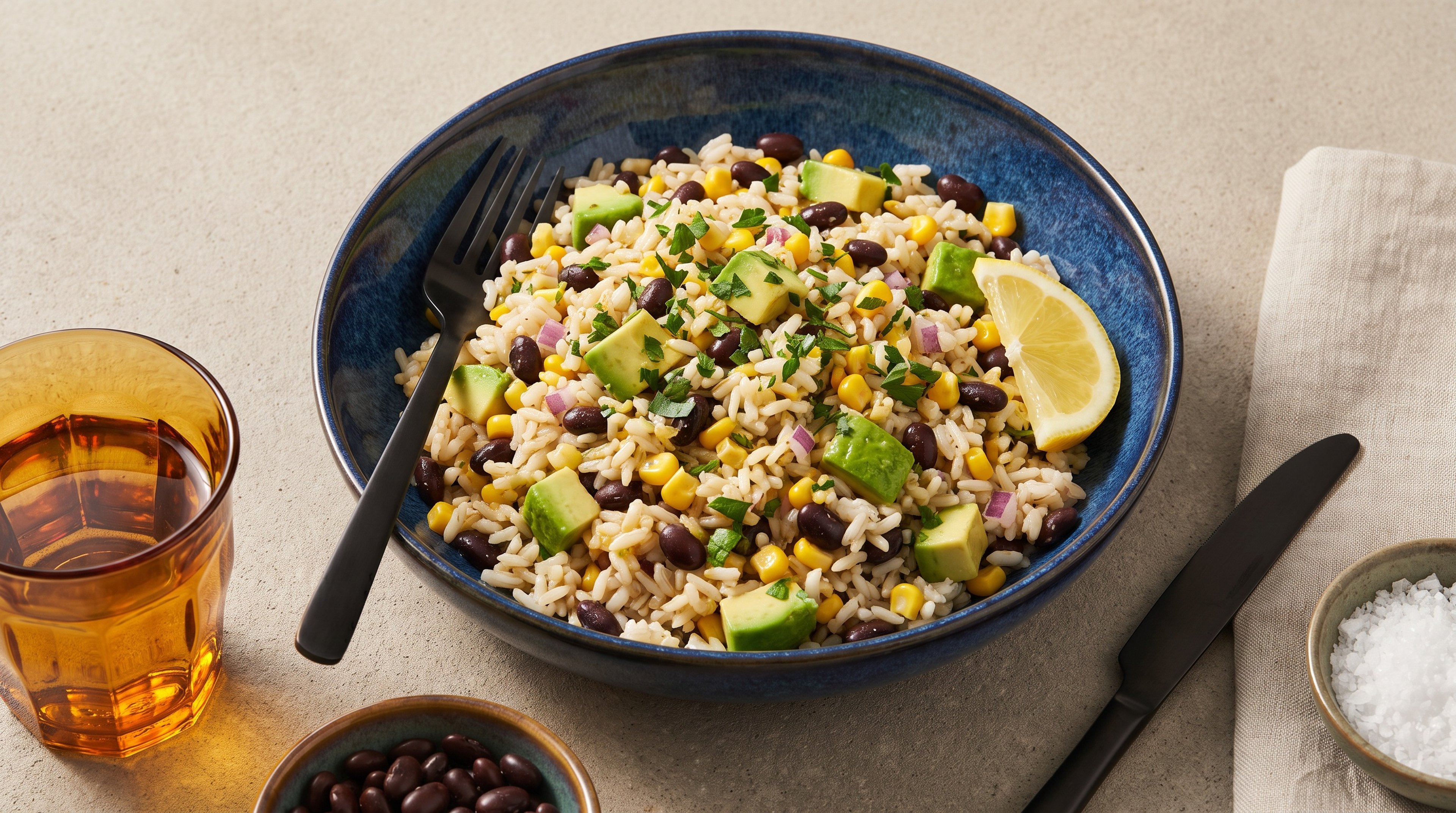 Veganer Reissalat mit schwarzen Bohnen und Avocado für dein nächstes Barbecue