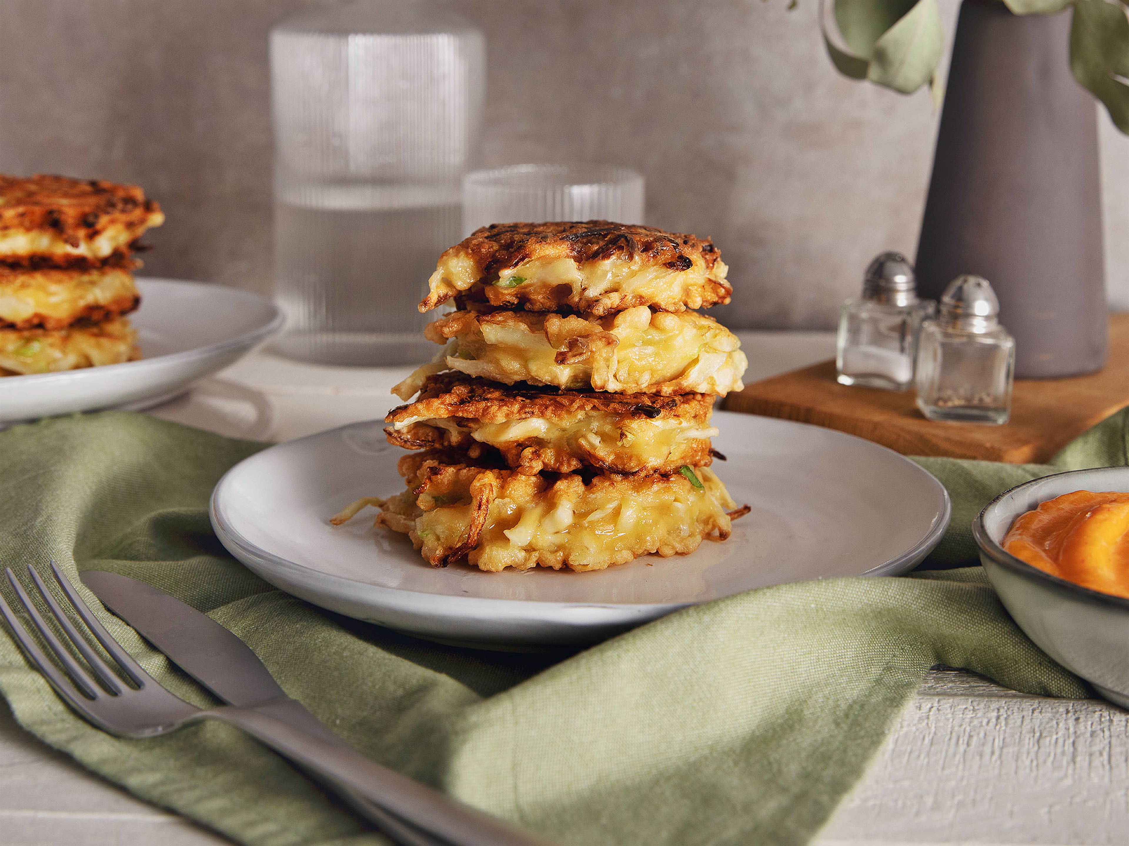 Cabbage fritters with sriracha mayo