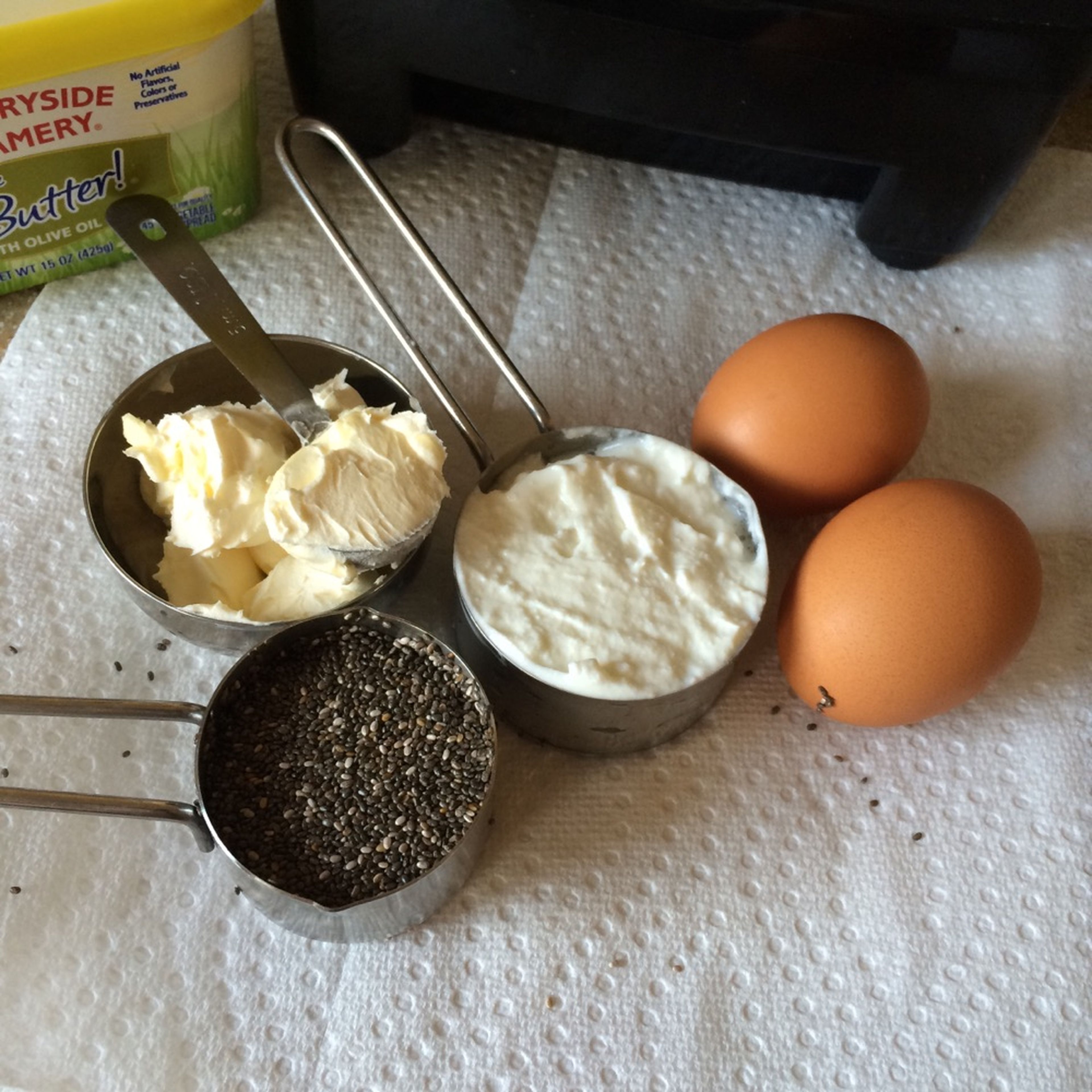Blend chia seeds, Greek yogurt, egg, and margarine into batter.