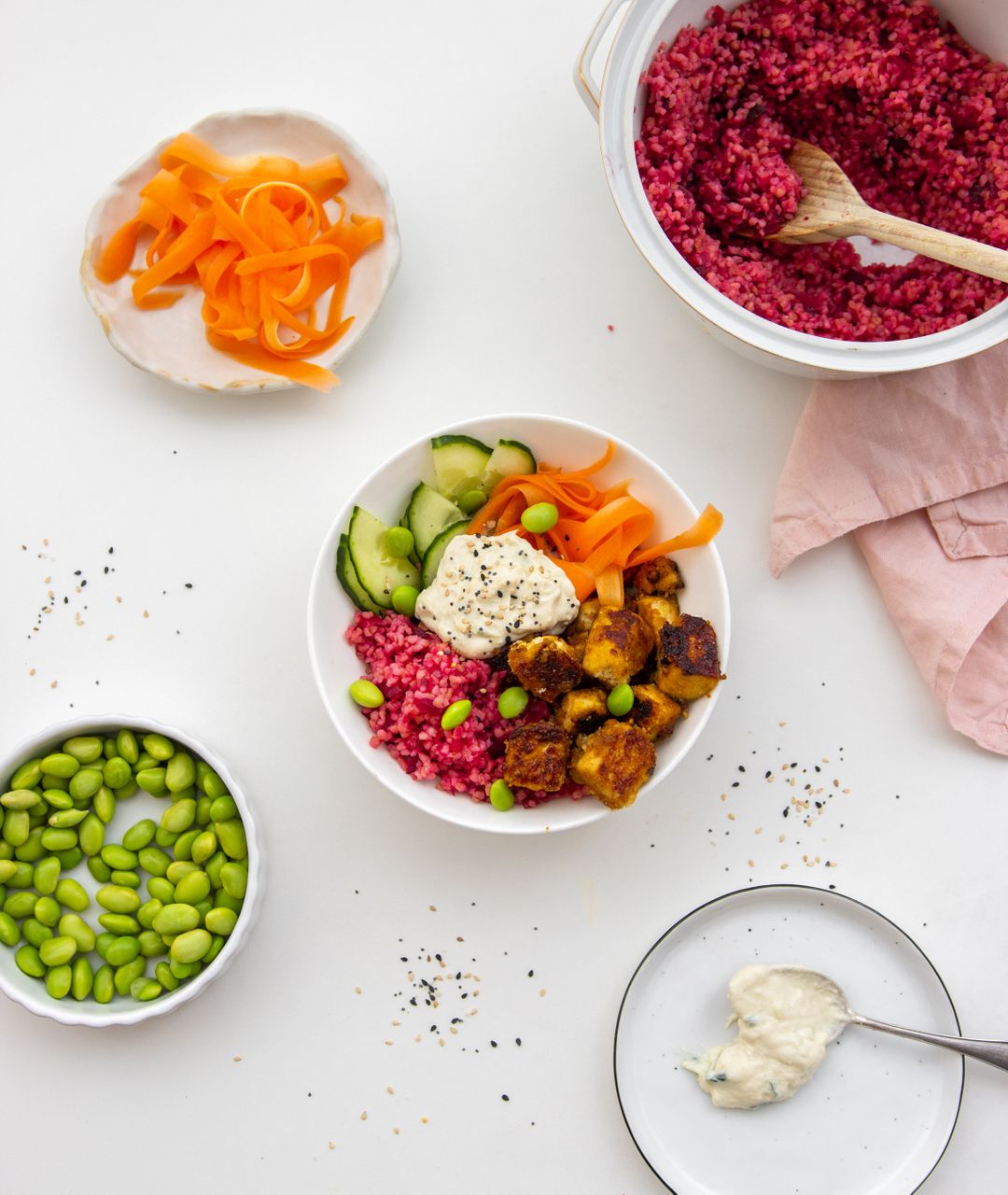 Pink bulgur bowl with crispy tofu bites