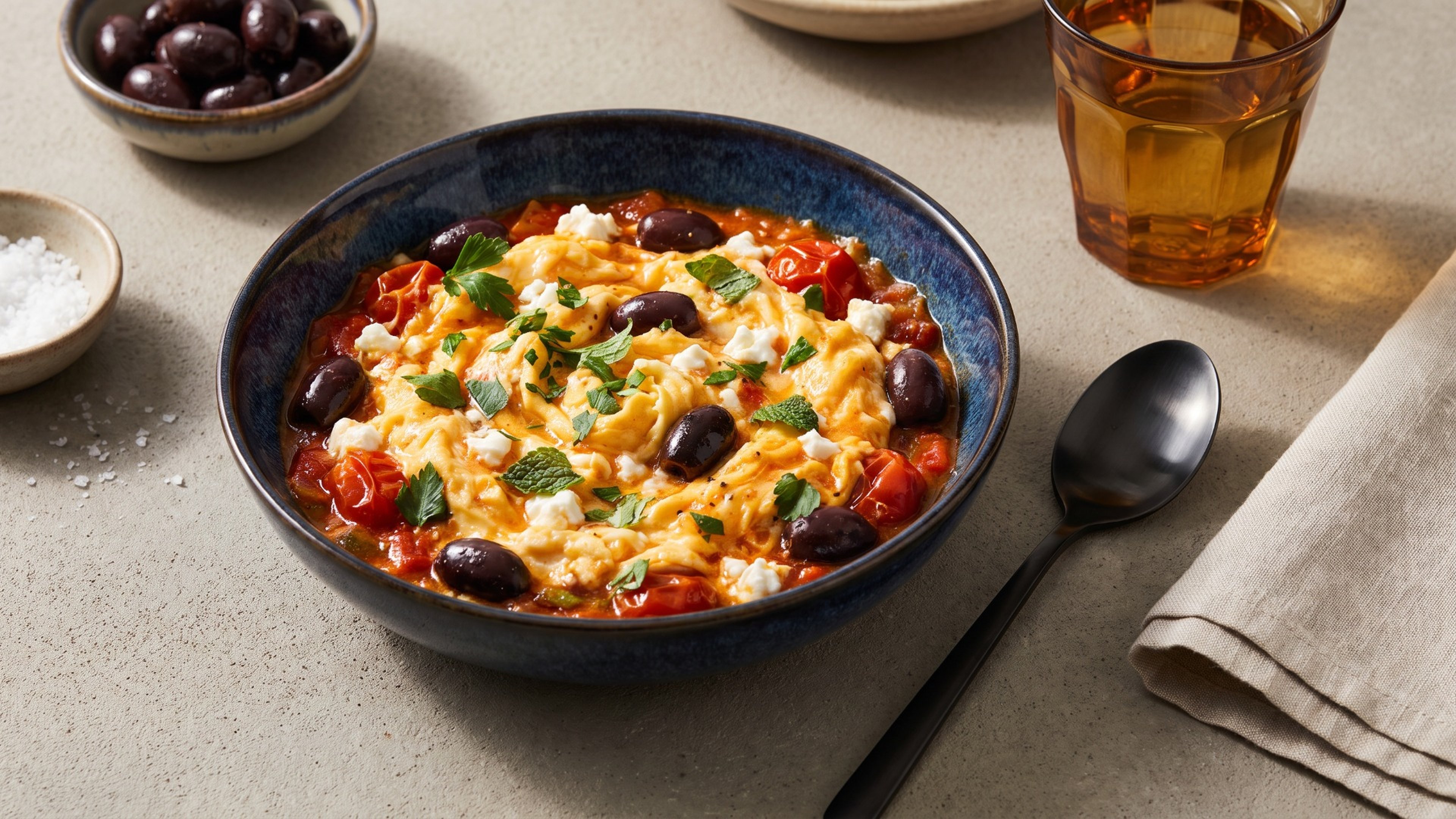 Ein türkischer Frühstücksklassiker mit Twist: Menemen mit Feta und Oliven